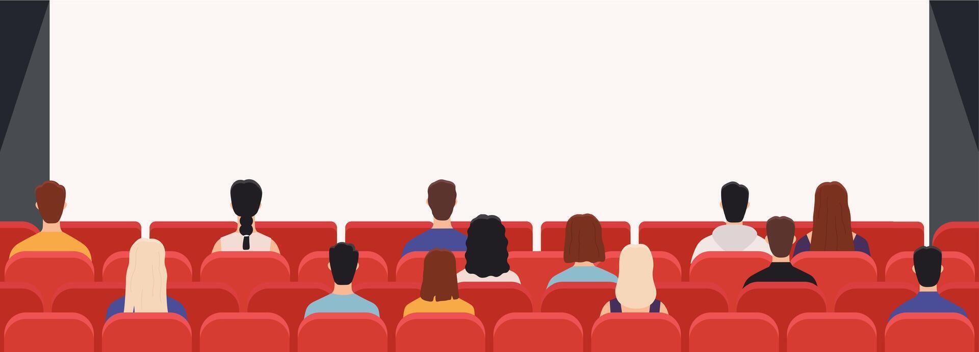 människor i bio från tillbaka. film teater publik tittar på filma. män och kvinnor offentlig ser på skärm i hall med stolar, vektor begrepp