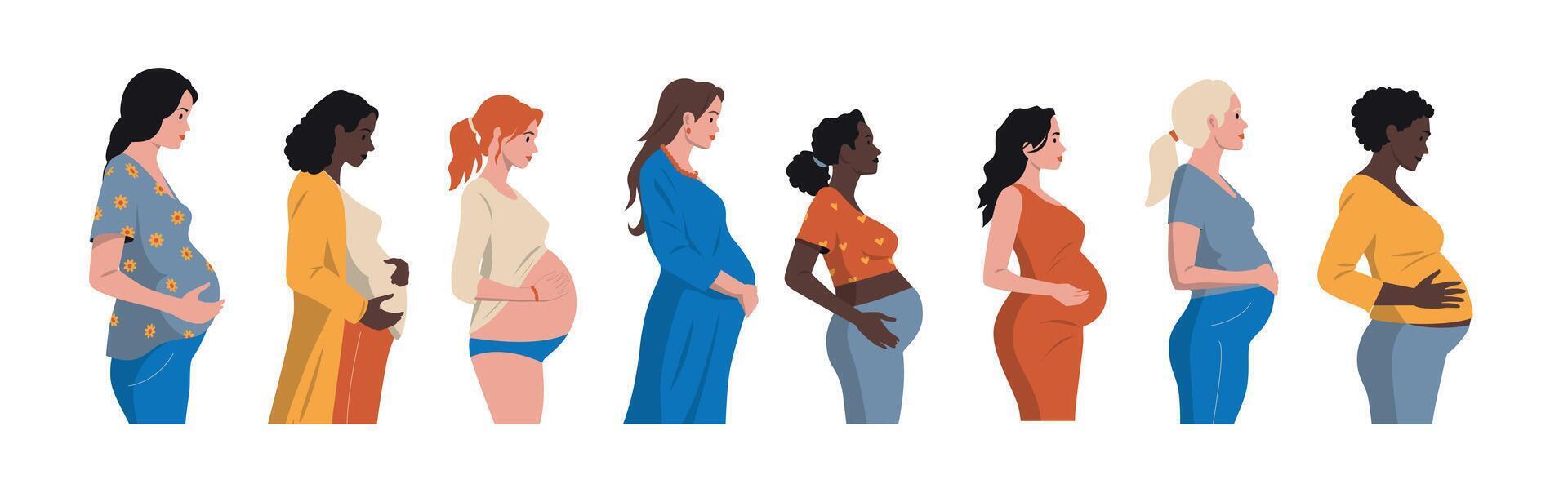 schwanger Frauen Satz. Frau erwartungsvoll Baby, Mutter halten neugeboren, multikulturell Mutterschaft mit vielfältig Kleider und Zubehör. Vektor einstellen