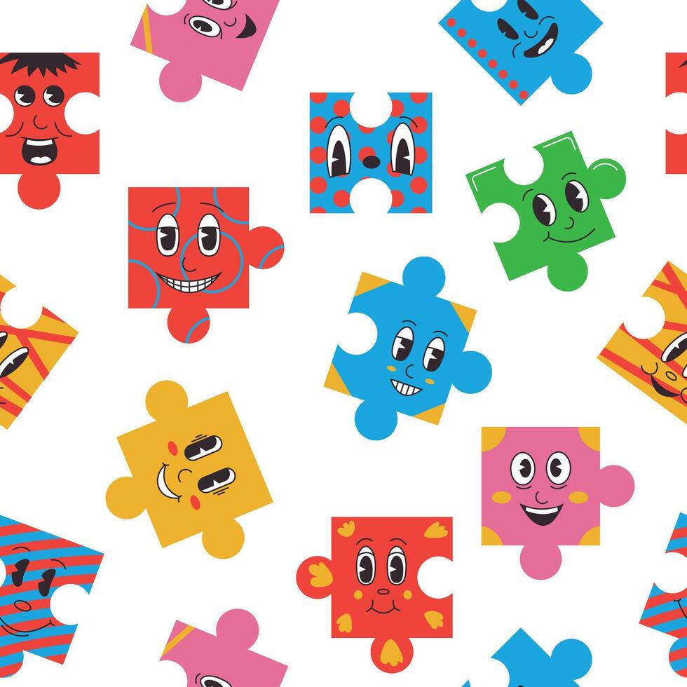 Puzzle Zeichen Muster. nahtlos drucken von komisch abstrakt Comic Gesichter Puzzle Stücke Karikatur Stil, wiederholen Hintergrund Textil- Stoff Design. Vektor Textur