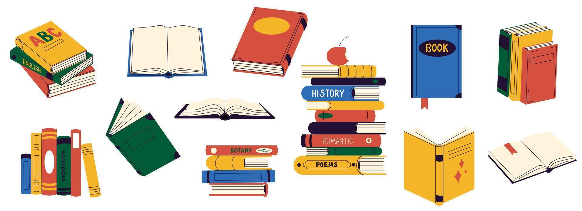 Bücher Sammlung. Karikatur Bibliothek von Fiktion und nicht Fiktion Bücher, Studie und Schule liefern organisiert und gestapelt. Vektor einstellen