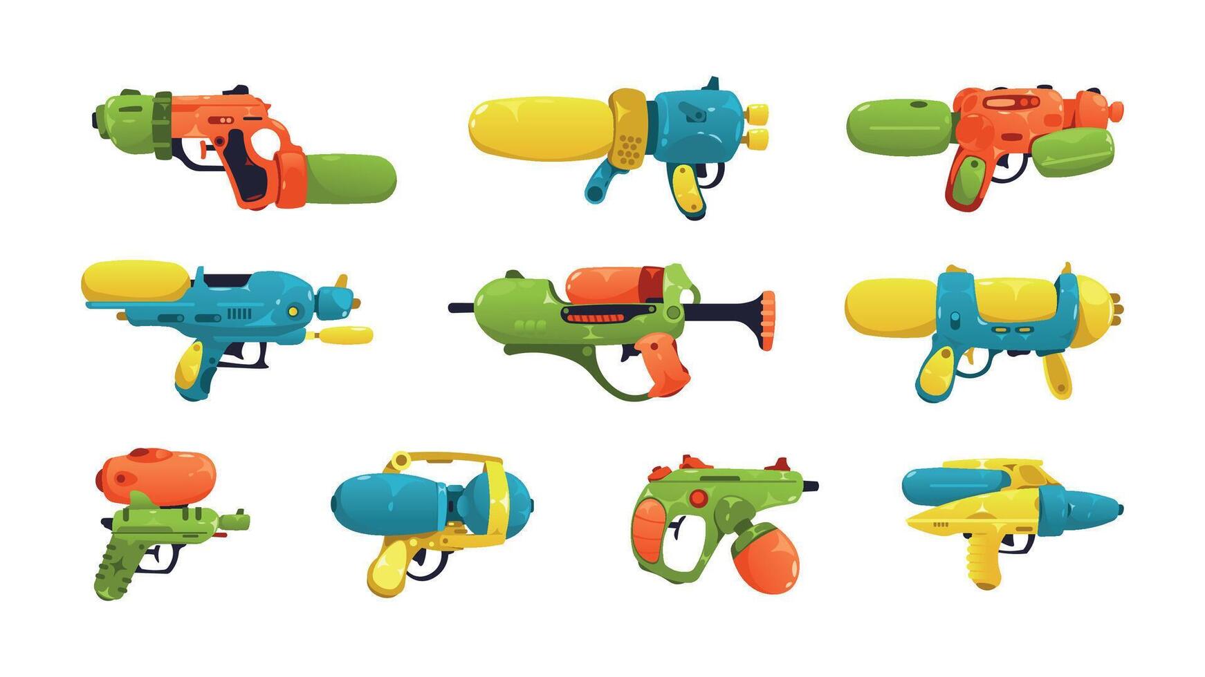 Karikatur Wasser Pistole. Kinder Spielzeug Waffen, Comic Plastik kindisch Pistole Ausrüstung nass schießen zum Sommer- Spiel, glücklich Kindheit. Vektor isoliert einstellen