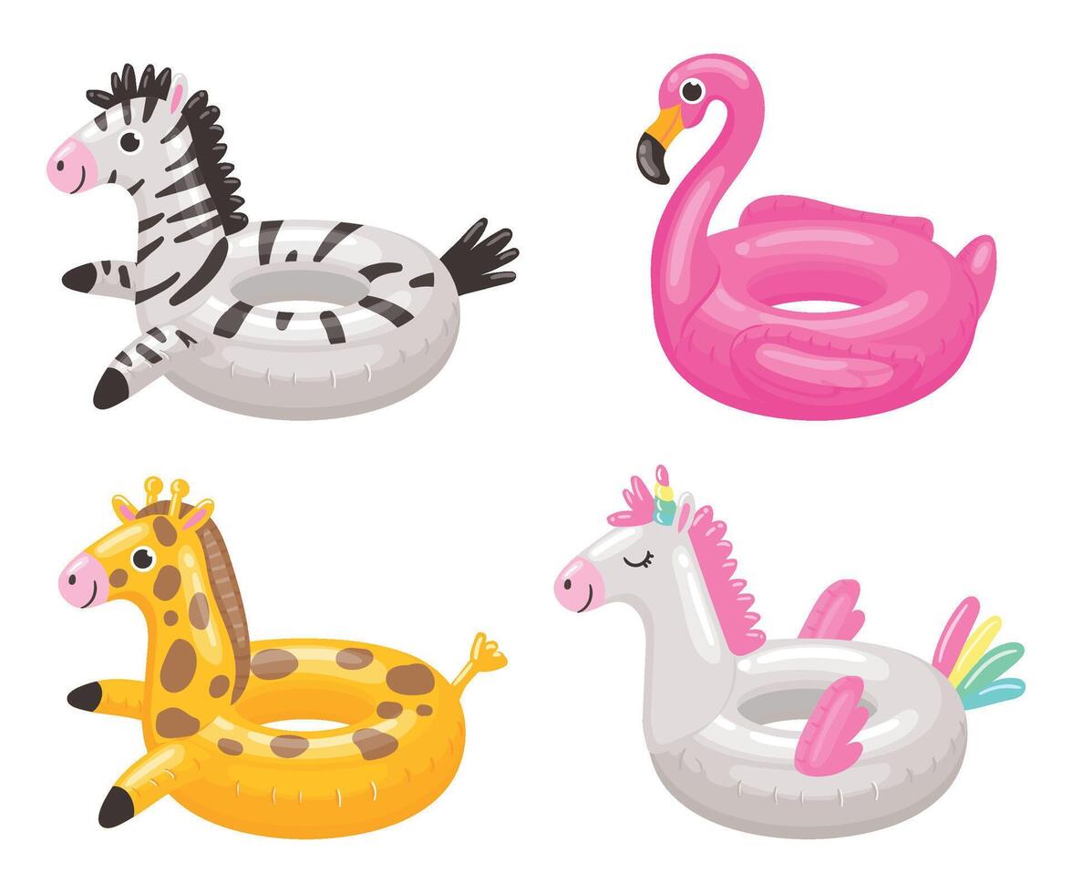Karikatur Schwimmen Ring. Gummi aufblasbar Spielzeug von anders Formen wie Zebra, Flamingo, Giraffe und Einhorn vektor