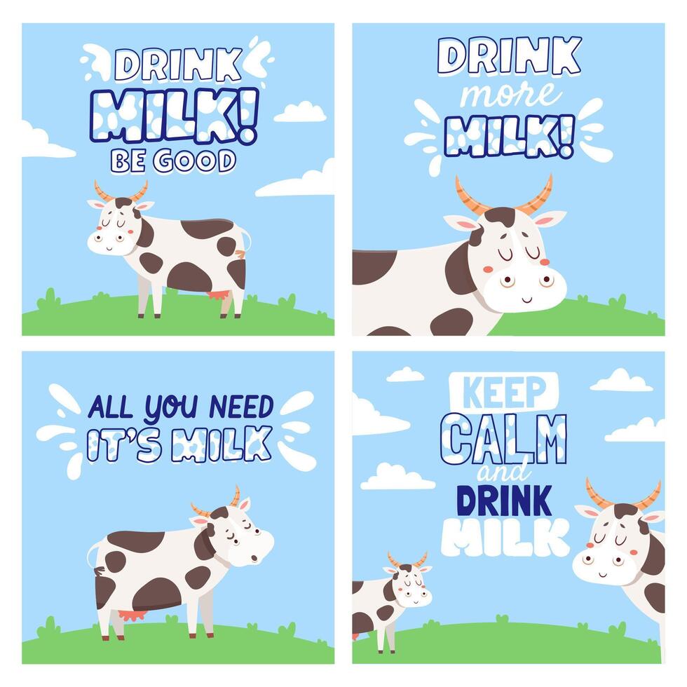 trinken Kuh Milch. Plakate mit ländlich Landschaft, Feld, Kühe, spritzt und Trinken Milch Zitate. Bauernhof Tier und Molkerei Produkt Vektor Banner