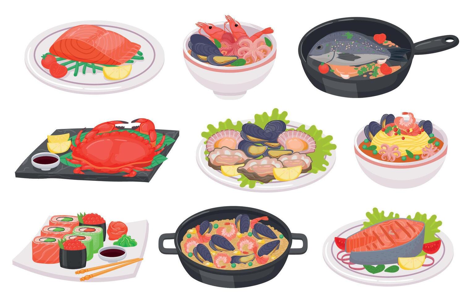 Karikatur Meeresfrüchte Geschirr mit Fisch, Krake, Garnelen und Lachs Steak. Sushi, Krabbe, Salat, Suppe und Nudeln mit Meer Essen auf Platte, Vektor einstellen