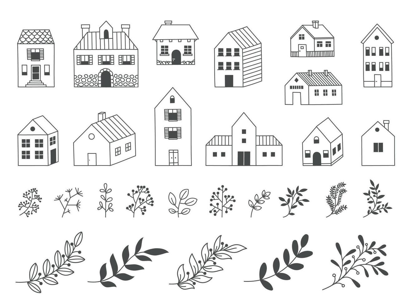 Gekritzel Garten Haus. Hand gezeichnet ländlich hölzern Gebäude mit floristisch dekorativ Elemente, Blumen Blätter Gras. Vektor Land Kabine isoliert einstellen