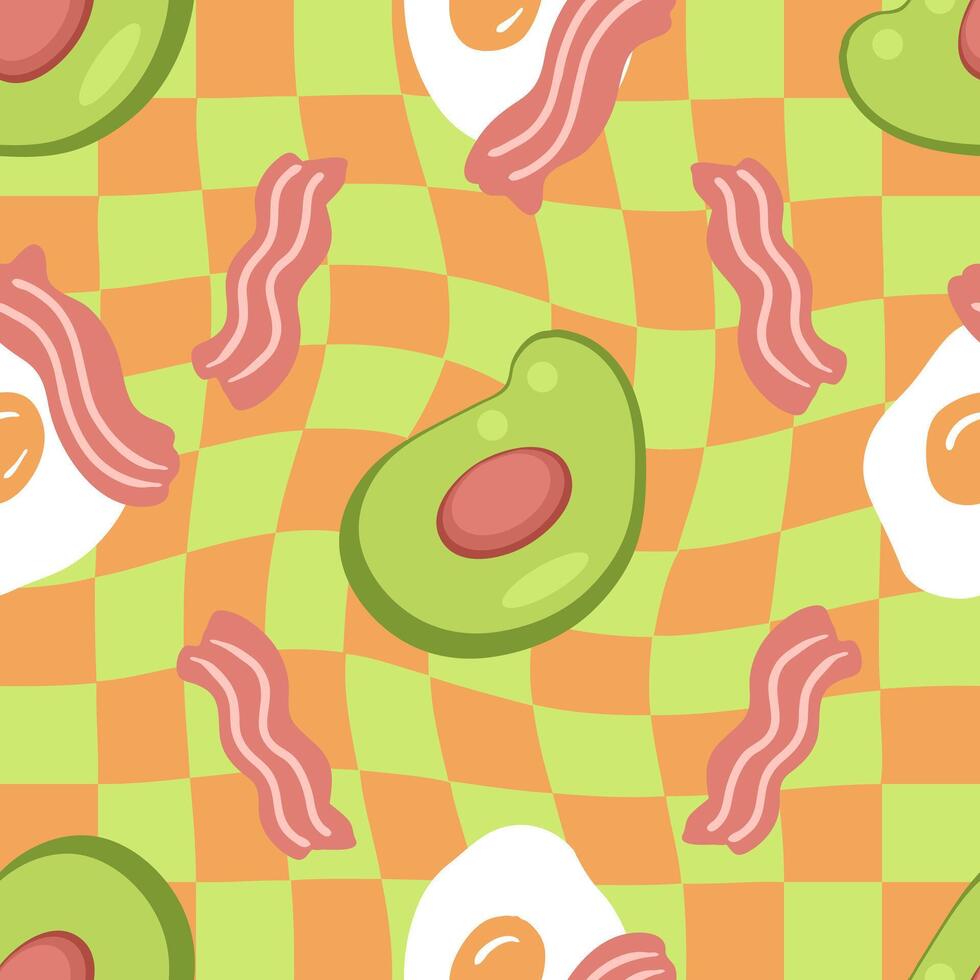 friterad ägg med bacon skivor och avokado på trippy rutnät sömlös mönster. förvränga royale design för några syften. hand dragen vektor illustration.