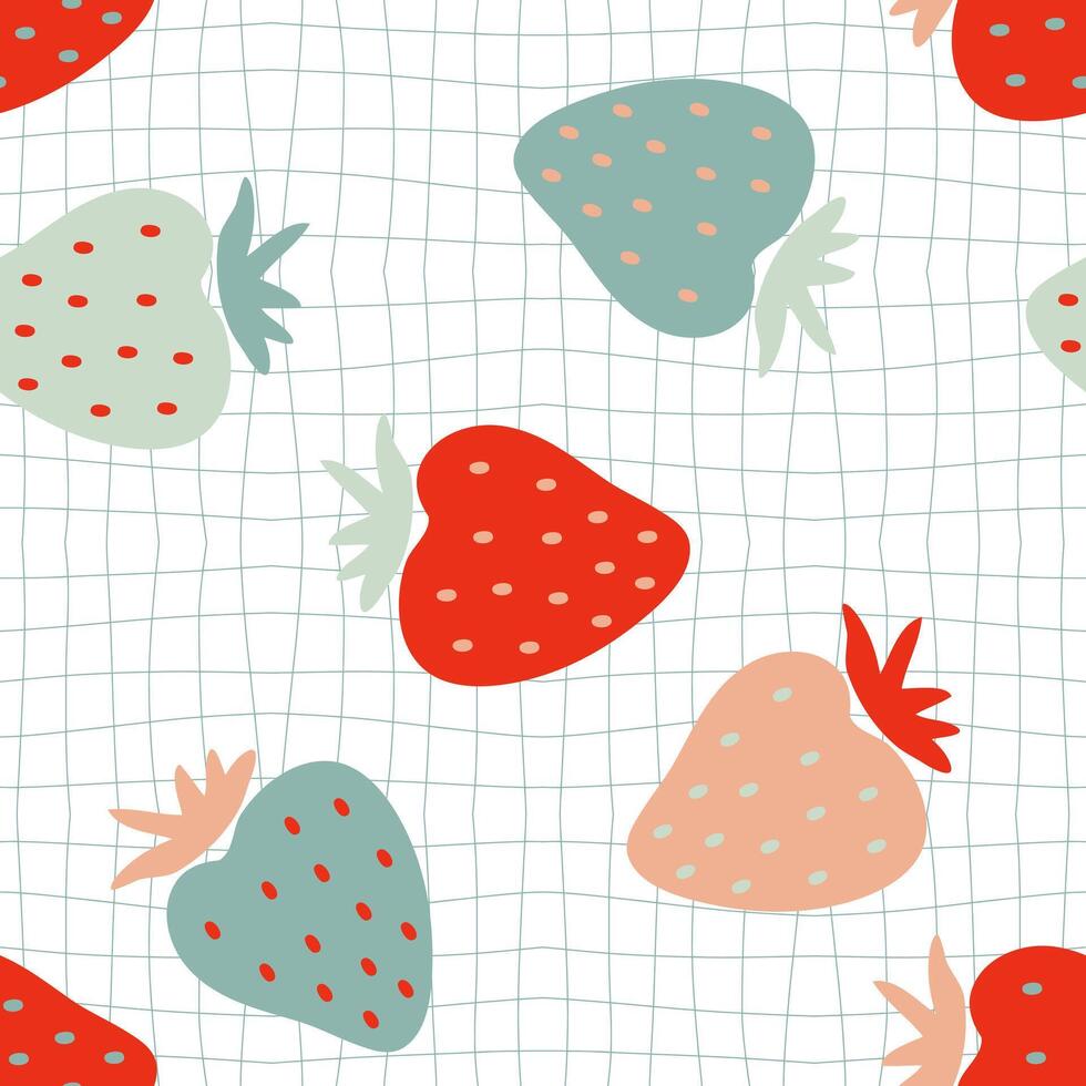 häftig stil jordgubbar sömlös mönster på rutnät förvrängd bakgrund. hippie estetisk skriva ut för tyg, papper, textil. hand dragen geometrisk vektor illustration.