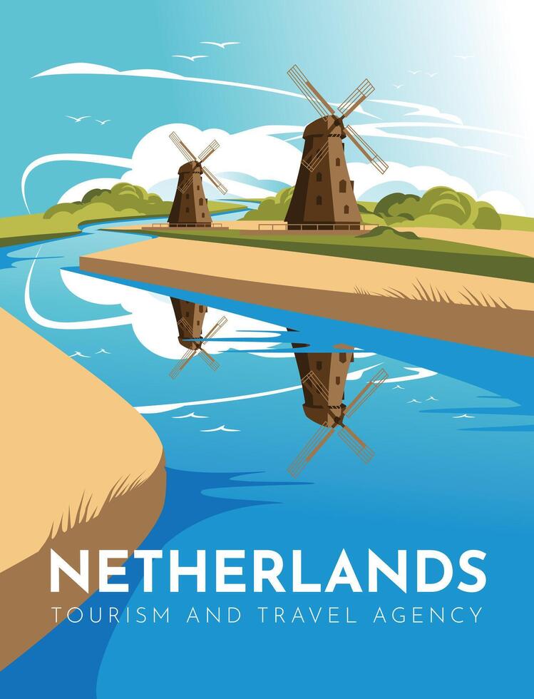 traditionell Niederlande Windmühlen auf das Fluss Bank. europäisch Tourismus und Reise Poster. Vektor eben Illustration