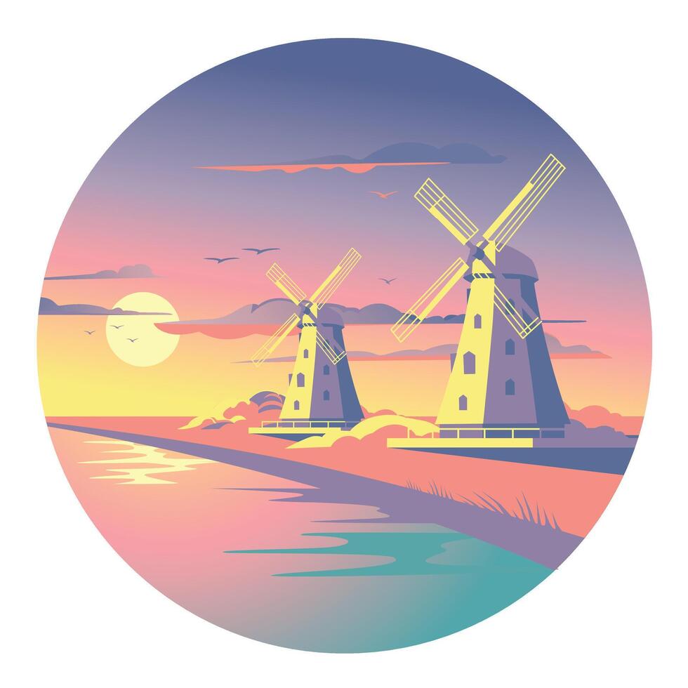 traditionell Niederländisch Windmühlen auf das Fluss Bank beim ein bunt Sonnenuntergang. europäisch Tourismus und Reise. Vektor Illustration. Platz Komposition.