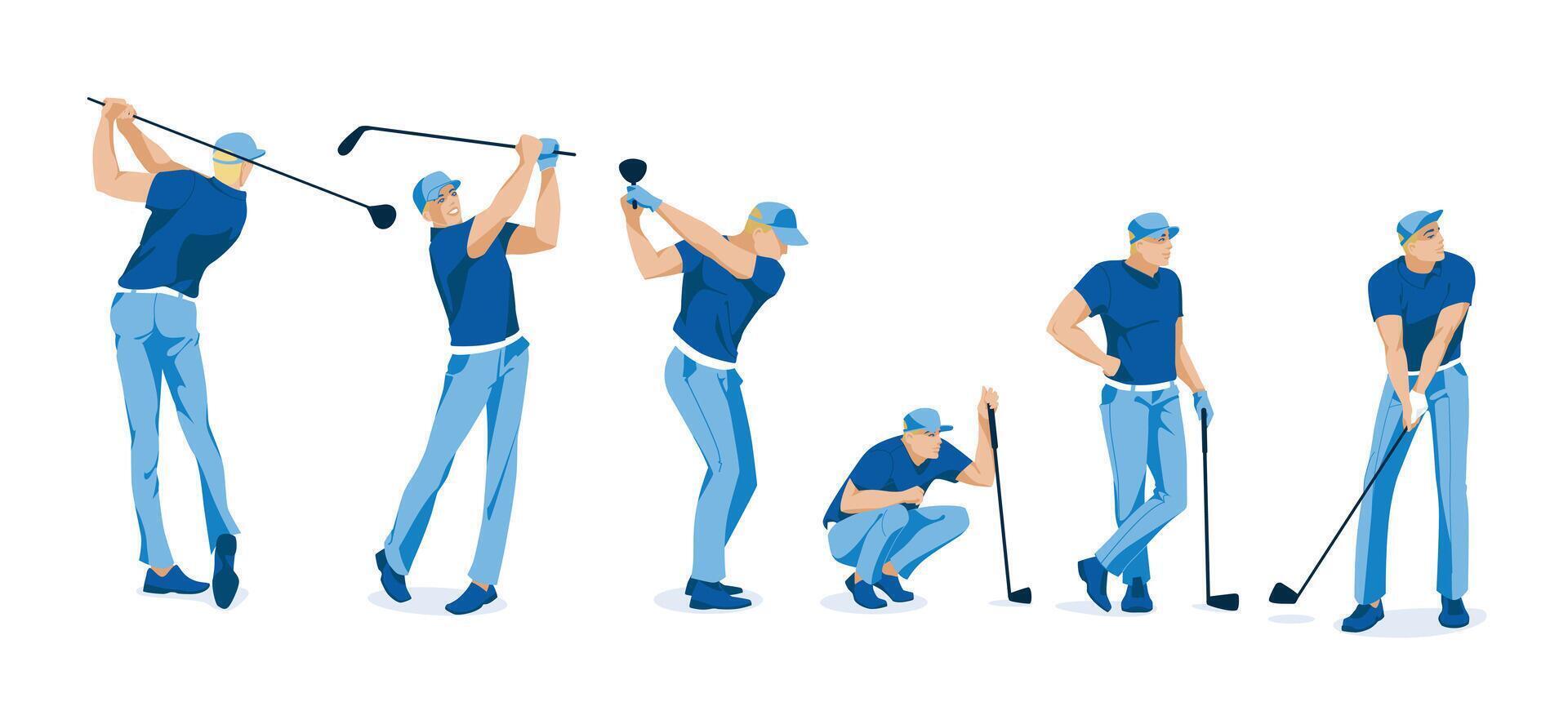 Golf Sport Mann posiert auf Weiß Hintergrund. Sport Lebensstil, Hobbys und Fachmann Aktivitäten. Vektor eben Illustration