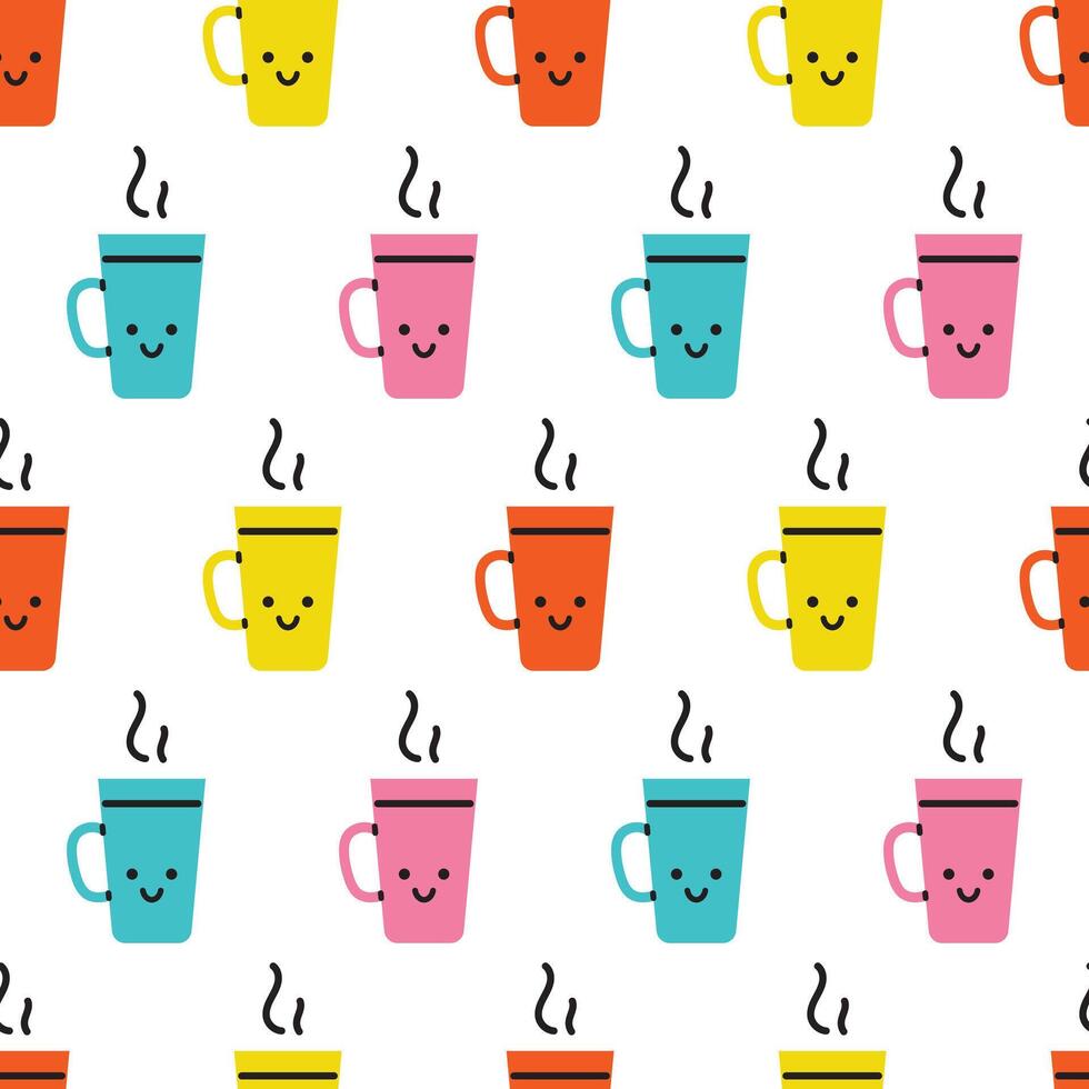 Vektor nahtlos Muster mit süß bunt Tassen von Tee oder Kaffee. komisch lächelnd Tassen oder Tassen mit heiß trinken auf Weiß Hintergrund. Verpackung Design.