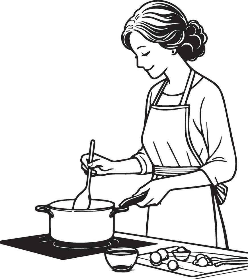 Frau Kochen beim Zuhause Zeichnung. vektor