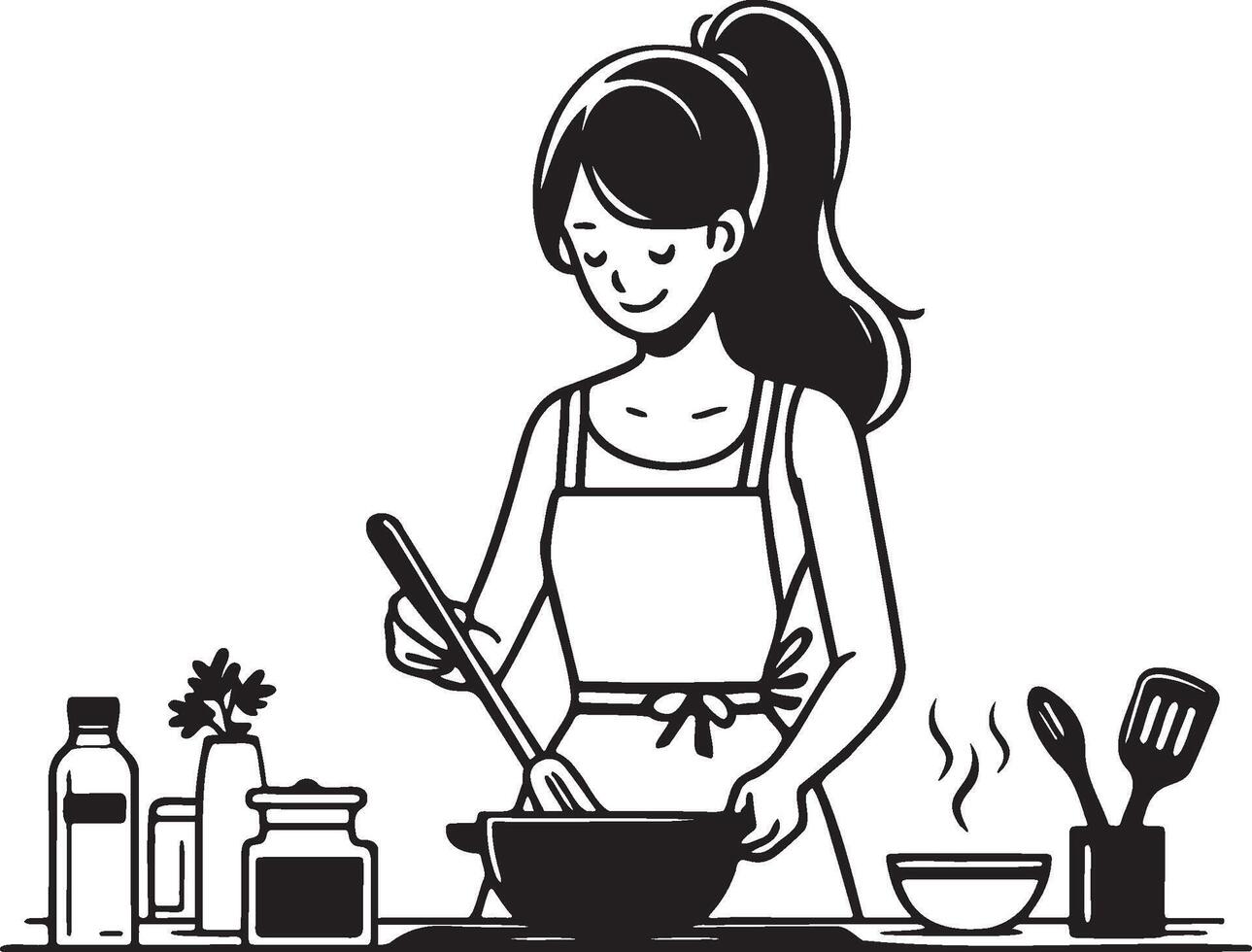 kvinna matlagning på Hem teckning. vektor