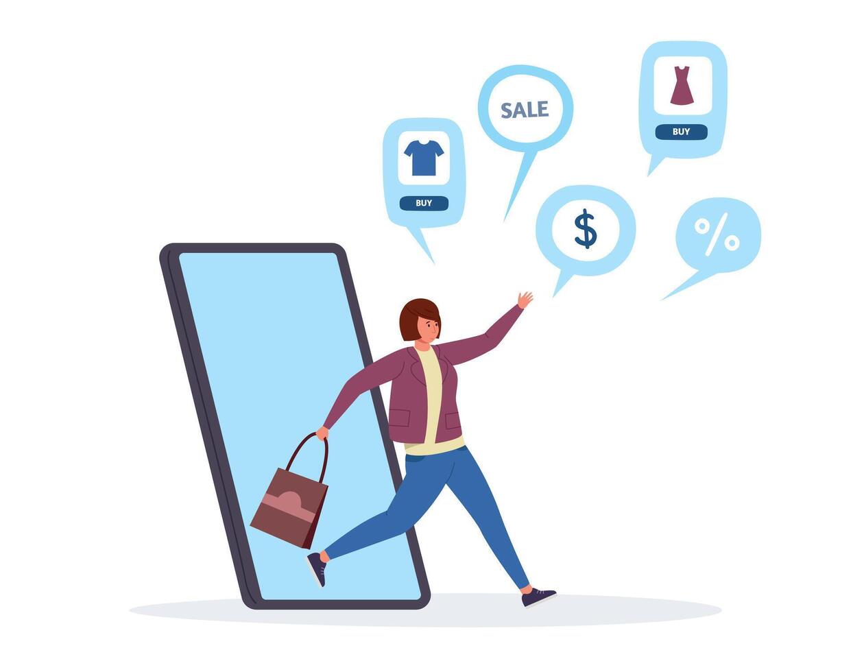 online Einkaufen Smartphone Anwendung, Käufer Frau Lauf vektor
