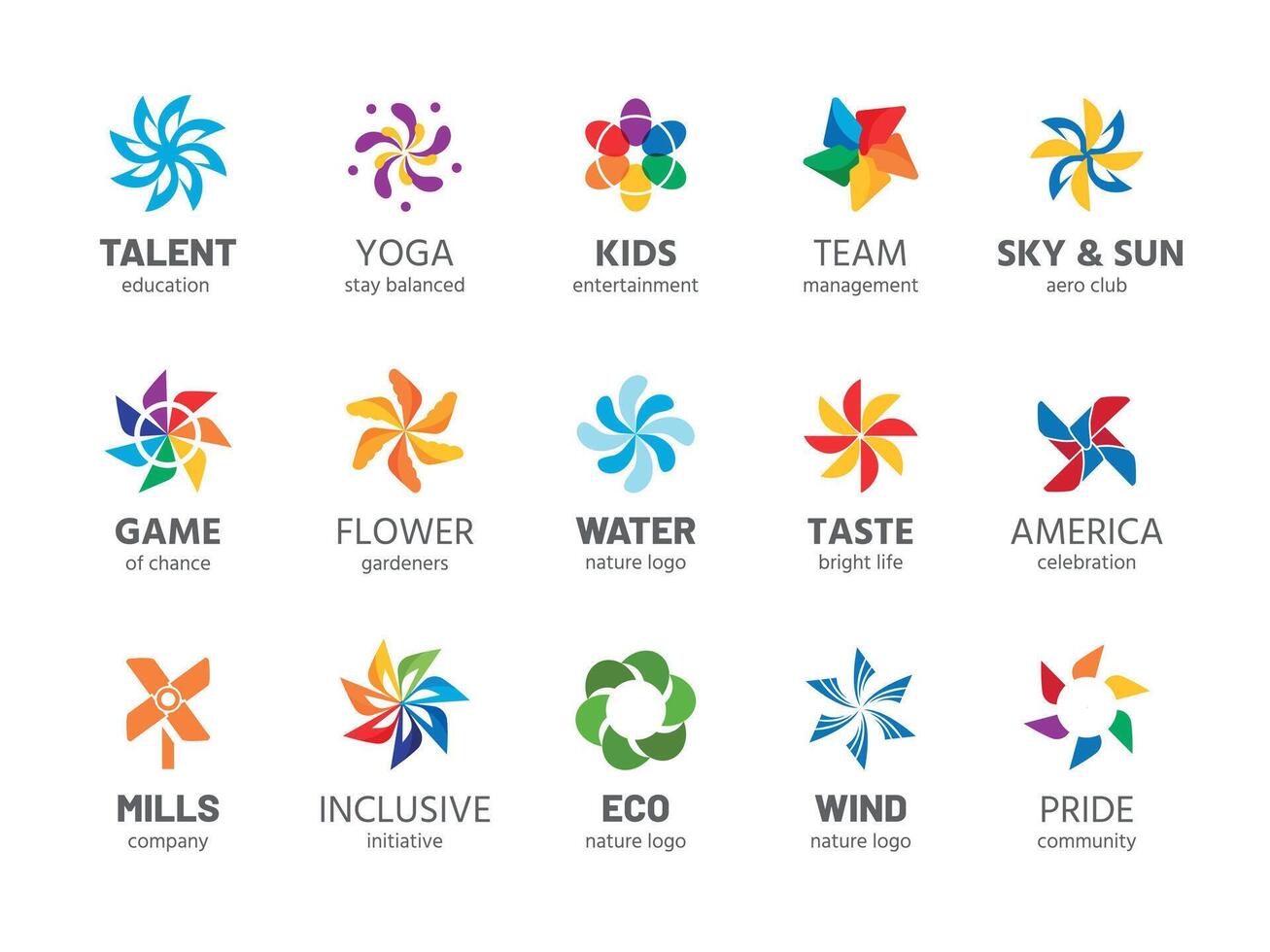 Windrad Logo. abstrakt Regenbogen Farbe Sommer- Spinner Symbol, Wind angetrieben Kinder Sommer- Spielzeug isoliert Sammlung. Vektor Geschäft Logos
