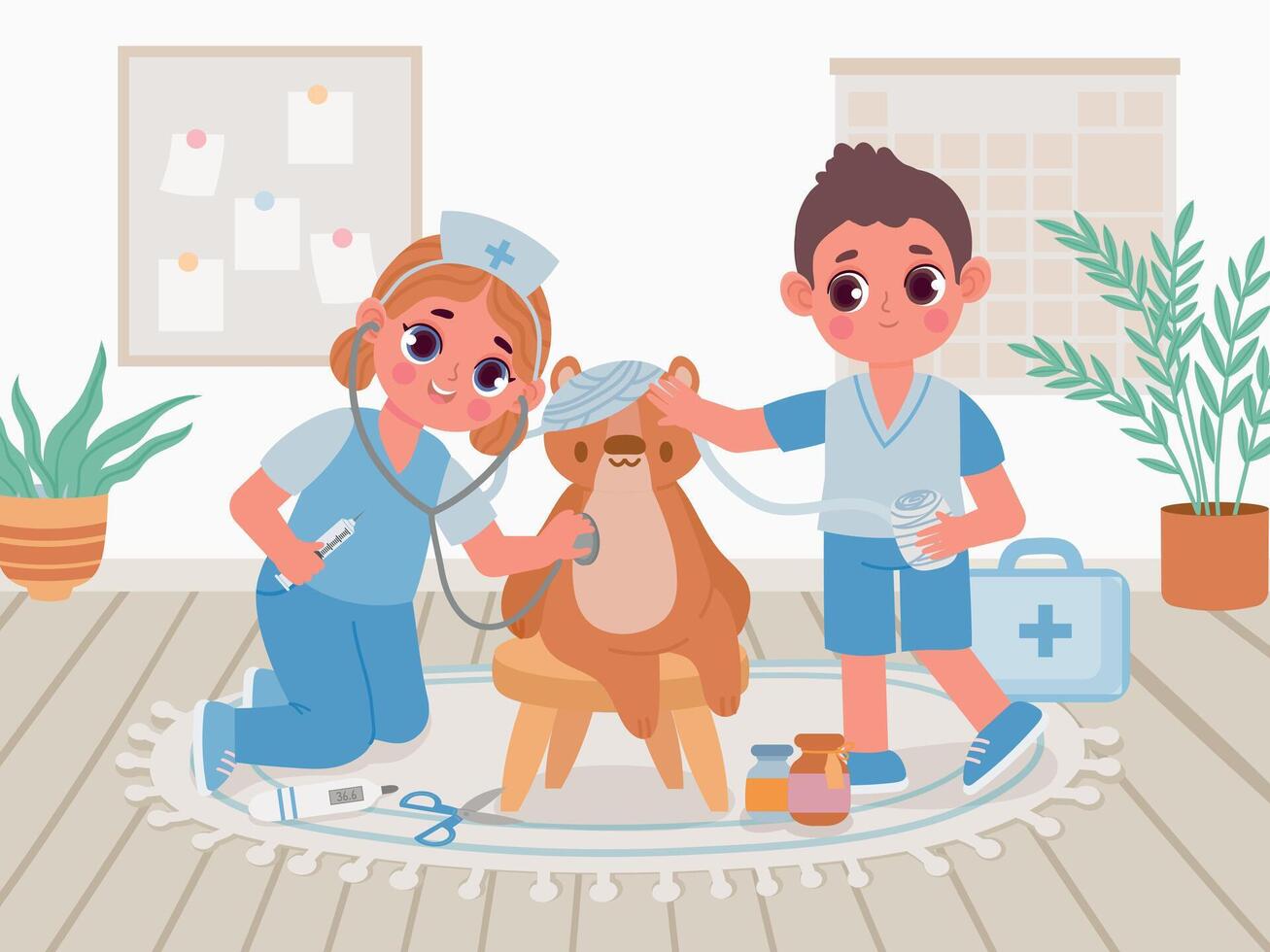 Karikatur Kindergarten Kinder im Arzt Uniform abspielen Krankenhaus zum Spielzeuge. Kinder behandeln Teddy Bär mit Spielzeug Stethoskop und Binde Vektor Szene