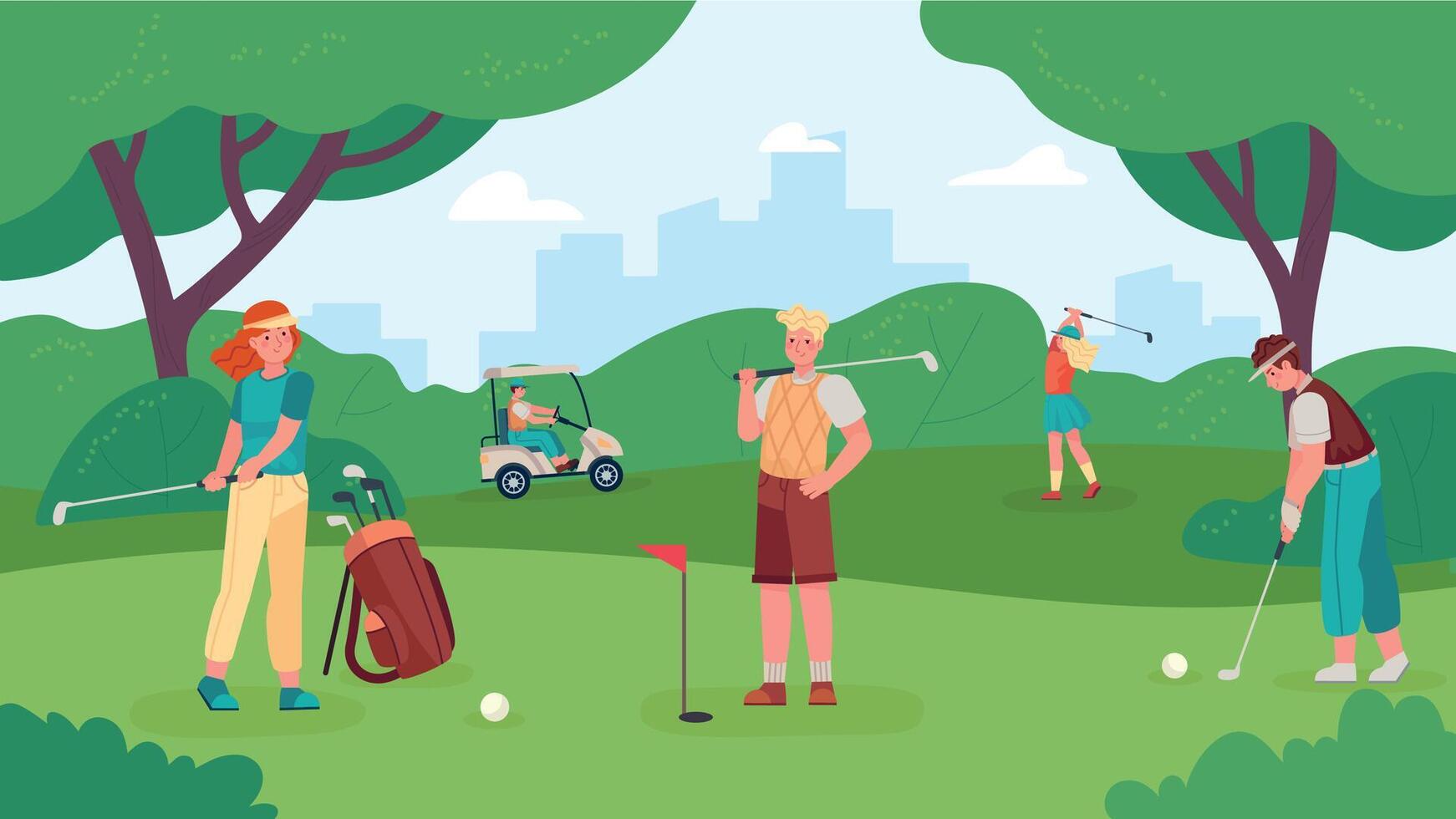 människor spelar golf i grön parkera med gräsmatta vektor