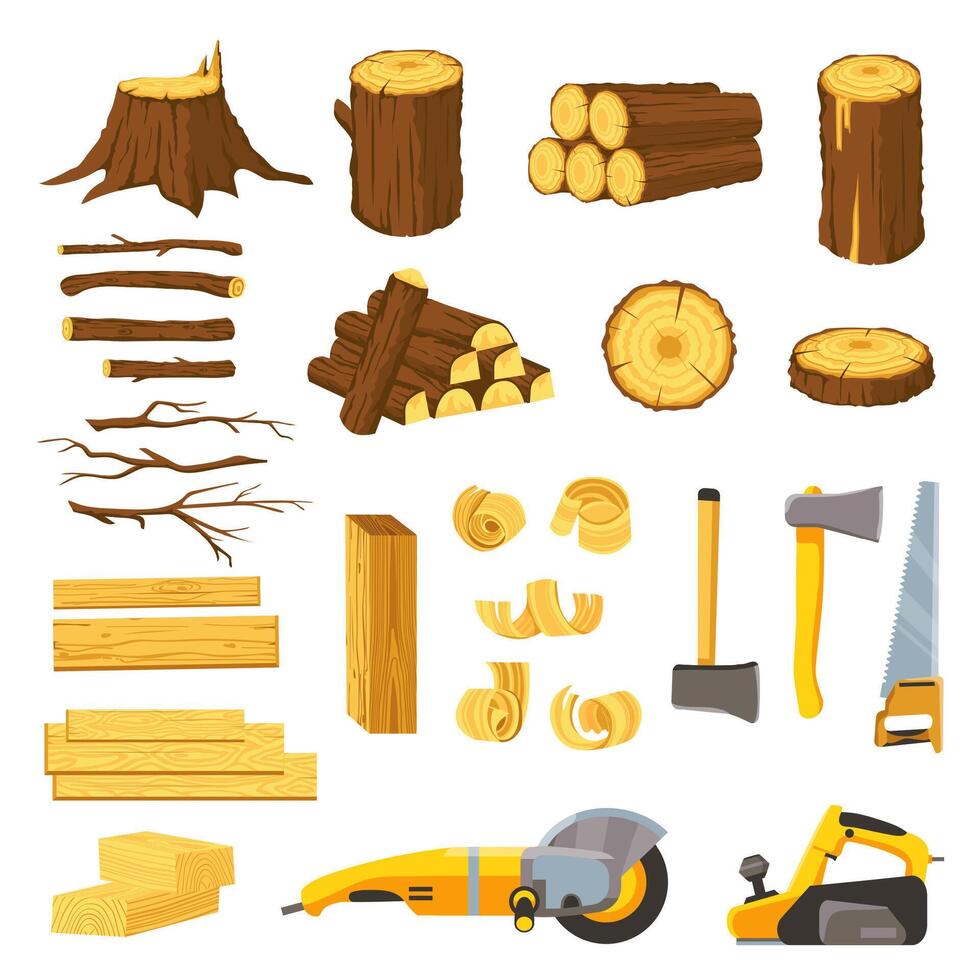 Holz Industrie Materialien und Werkzeug. Holz Bretter, Protokolle, Tafel und Baum Chips. Axt, Meißel, gesehen, Schleifer und Gürtel Schleifer. Holzarbeiten Vektor einstellen