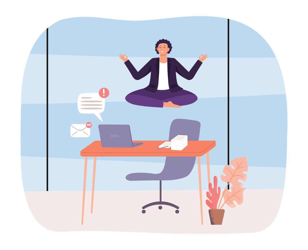 Büro Yoga. Mitarbeiter Sitzung im Lotus Position. Arbeiter schweben Über Desktop mit Laptop. Charakter Empfang Benachrichtigungen vektor