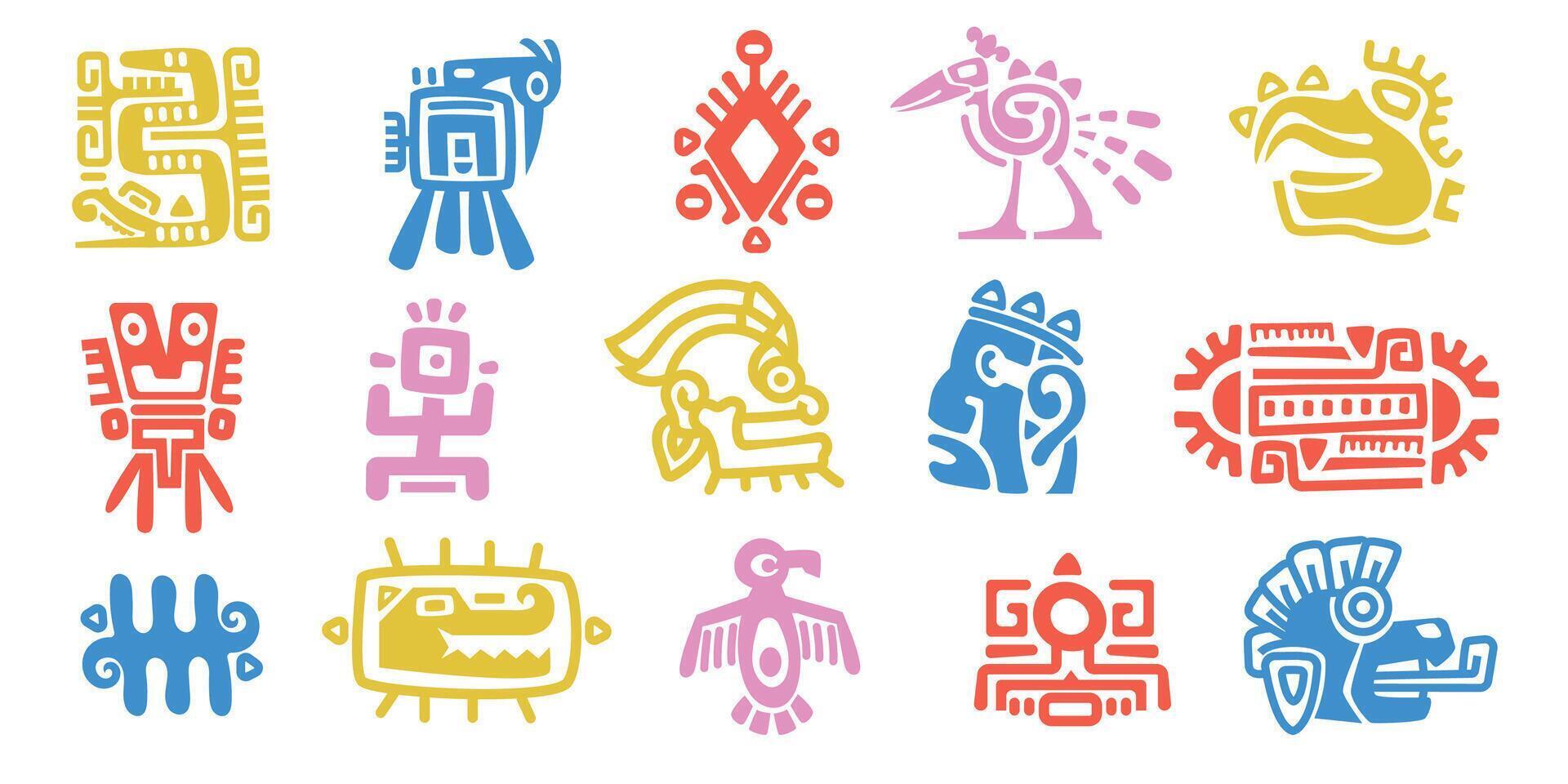 Maya Tier Totem. uralt Maya aztekisch einheimisch Mythologie Symbole, traditionell alt Mexikaner einheimisch Ritual Monster- Zeichen. Vektor bunt einstellen