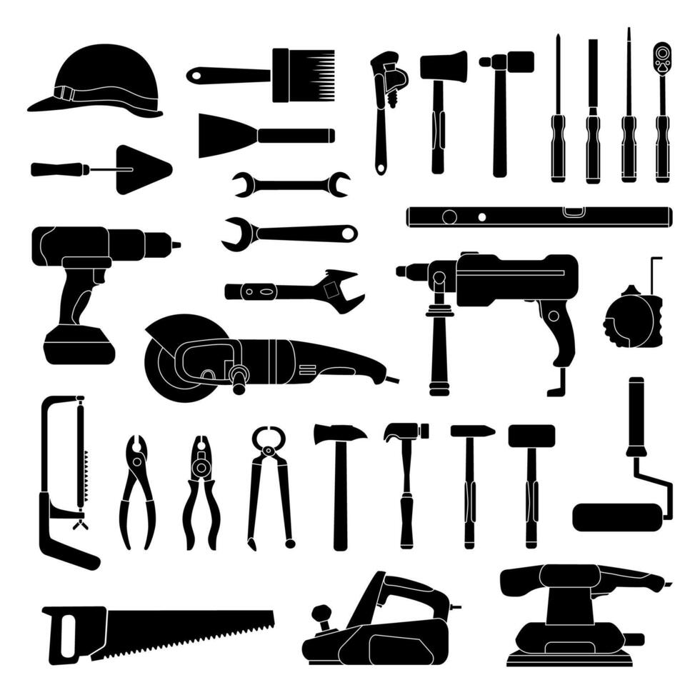 Arbeiten Hand Werkzeuge Silhouette. Konstruktion und Zuhause Reparatur Toolkit Logo Symbole. Werkstatt Hardware, bohren, Hammer, sah und Schlüssel, Vektor einstellen