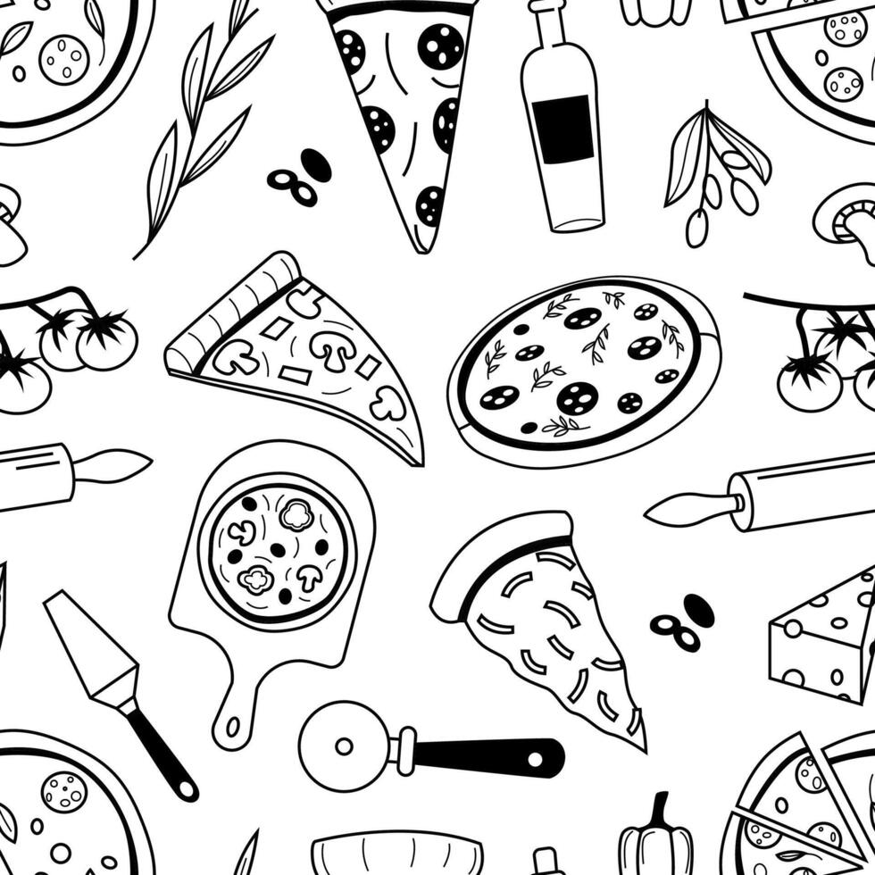 klotter pizza mönster. sömlös skriva ut av nationell italiensk mat skiss, oliv olja tomat ost Ingredienser. vektor restaurang meny pizza textur