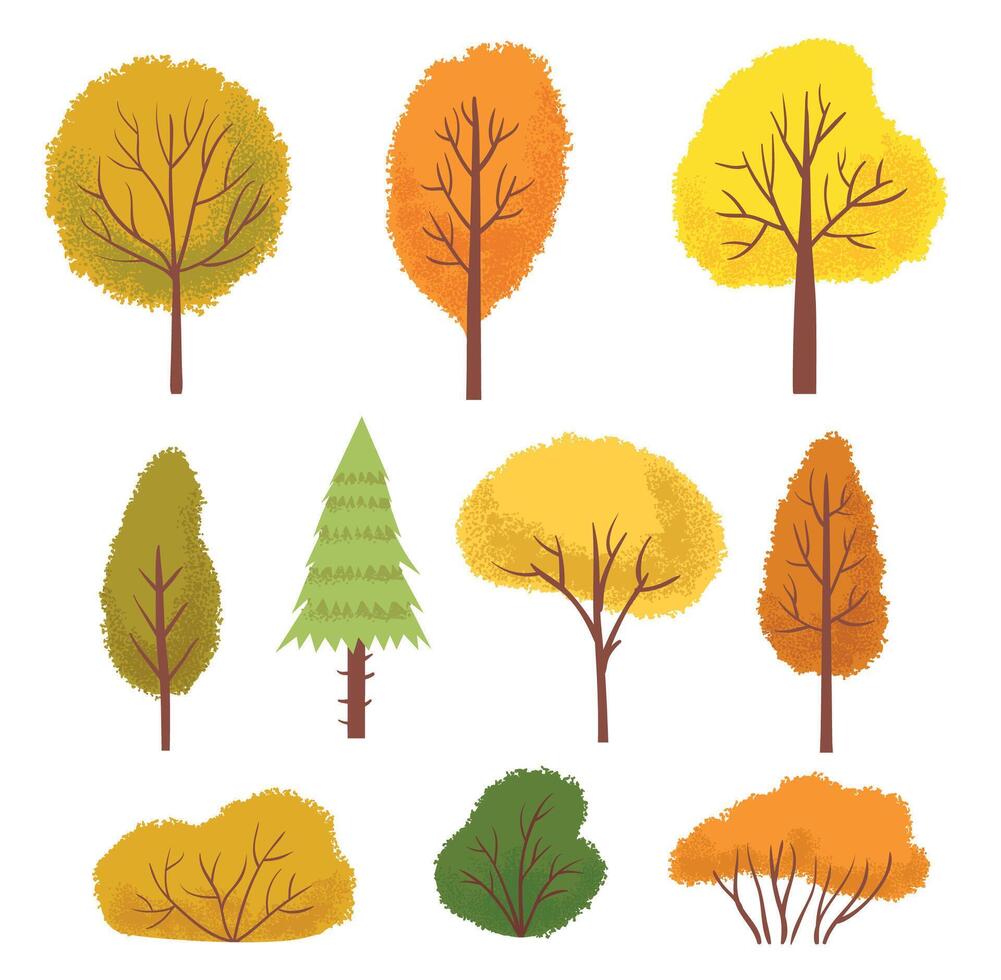 Gelb Herbst Bäume. bunt Grün und Orange Park oder Wald Bäume und Gebüsch Karikatur Vektor. saisonal Pflanzen mit Laub vektor