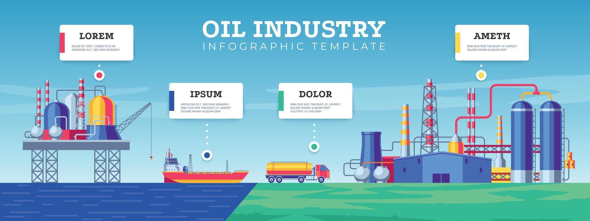 Öl Industrie Infografik. Petroleum Produktion Verteilung Transport Geschäft Präsentation, Raffinerie Pflanze Off-Shore roh Extraktion. Vektor Illustration