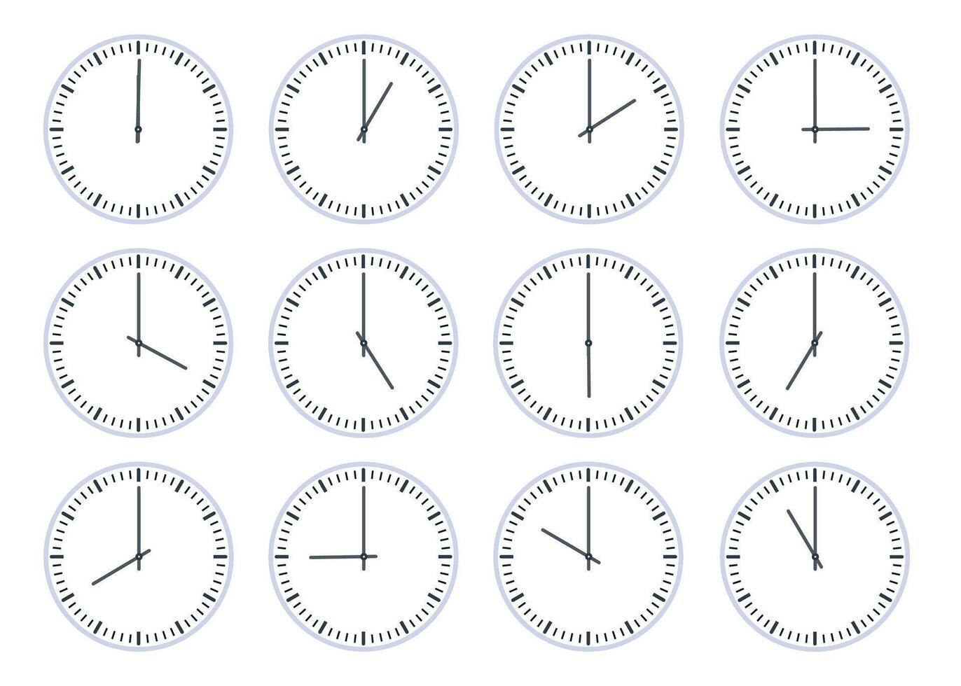 analog Kreis Uhr Show Zeit jeder Stunde Symbol. eben Uhr Gesicht mit 12 Uhr, Timer Animation. Mauer Uhren einer zu zwölf Std Vektor einstellen