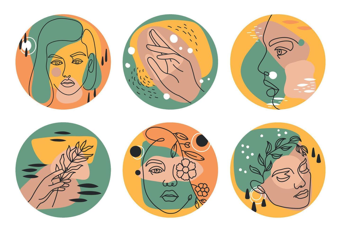 abstrakt Boho Geschichte Symbole zum Schönheit Blogger mit weiblich Gesichter. Sozial Medien Abdeckungen mit jung Mädchen Benutzerbild, Hände, Blumen vektor