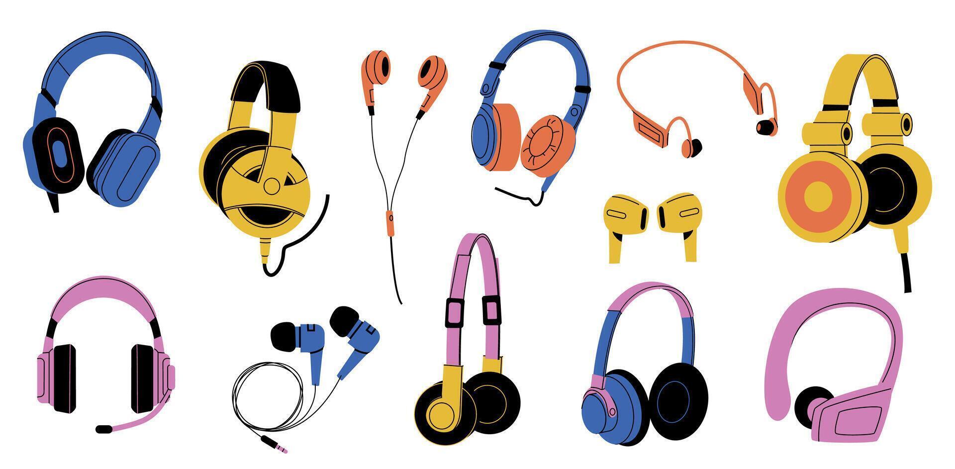 hörlurar samling. tecknad serie trådbunden och trådlös hörlurar, audio elektronisk Utrustning för musik lyssnande, modern enhet tillbehör platt stil. vektor isolerat uppsättning