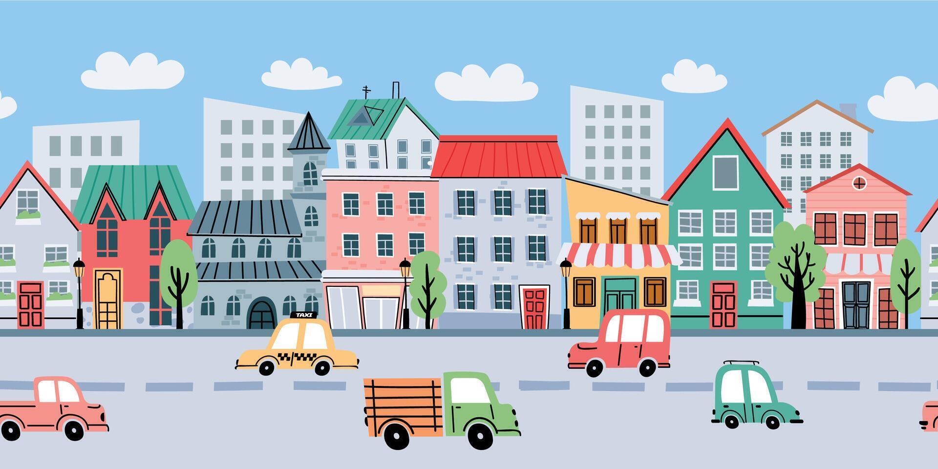 Karikatur Stadt Landschaft mit Gebäude und Autos nahtlos Hintergrund. Straße mit Wohnungen und Straße der Verkehr zum Kinder. süß Stadt, Dorf Vektor Linie