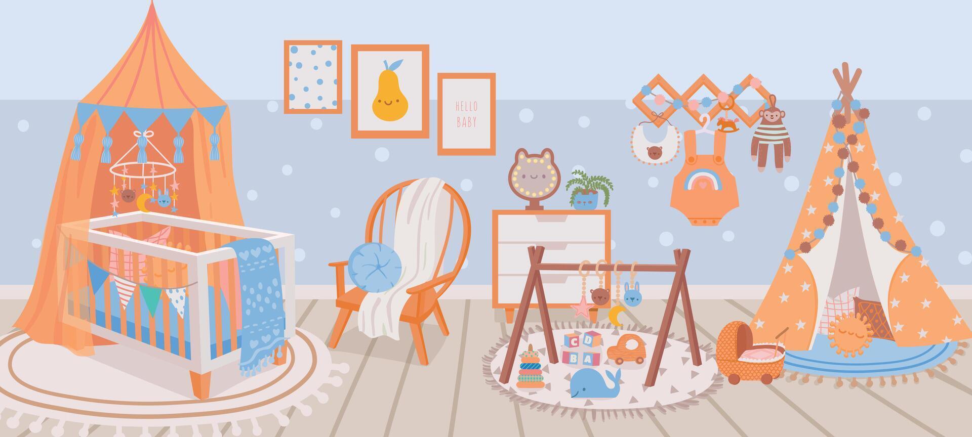 Kindergarten Innere. Baby Zimmer mit Krippe Bett, Sessel, Teppich, Spielzeug und Wigwam. Karikatur Kinder Schlafzimmer mit Möbel und Dekoration Vektor Szene