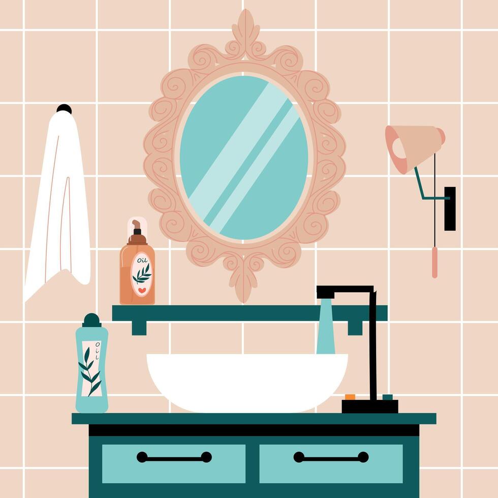 badrum interiör med spegel. modern Hem badkar med tvätta handfat handdukar vägg lampor, tecknad serie toalett rum minimalism stil hygien begrepp. vektor illustration