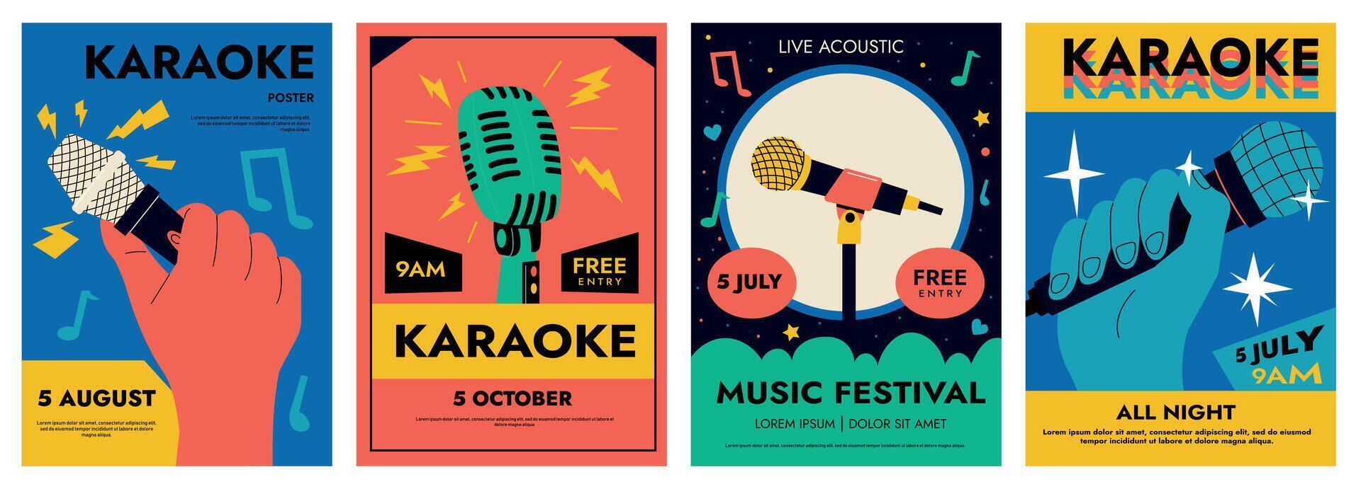 mikrofon affischer. tecknad serie reklam tapet för stå upp öppen mic komedi, karaoke klubb, flygblad baner design för utsända musik konsert befordran. vektor illustration