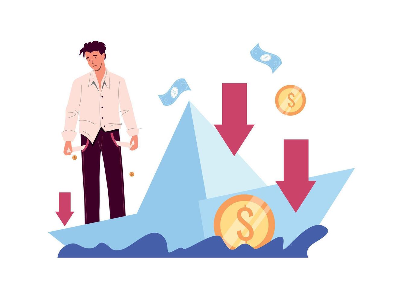 finansiell kris och ekonomi kollaps. fattig bruten man har företag problem. sjunkande båt med pengar förlust vektor