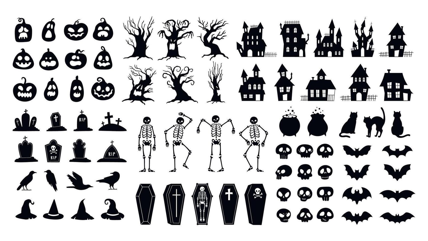 Grusel Silhouetten. unheimlich Halloween Dekor Schädel und Skelette, Hexe Hüte, schwarz Katzen, Krähen und Friedhof Särge. gespenstisch Haus Vektor einstellen