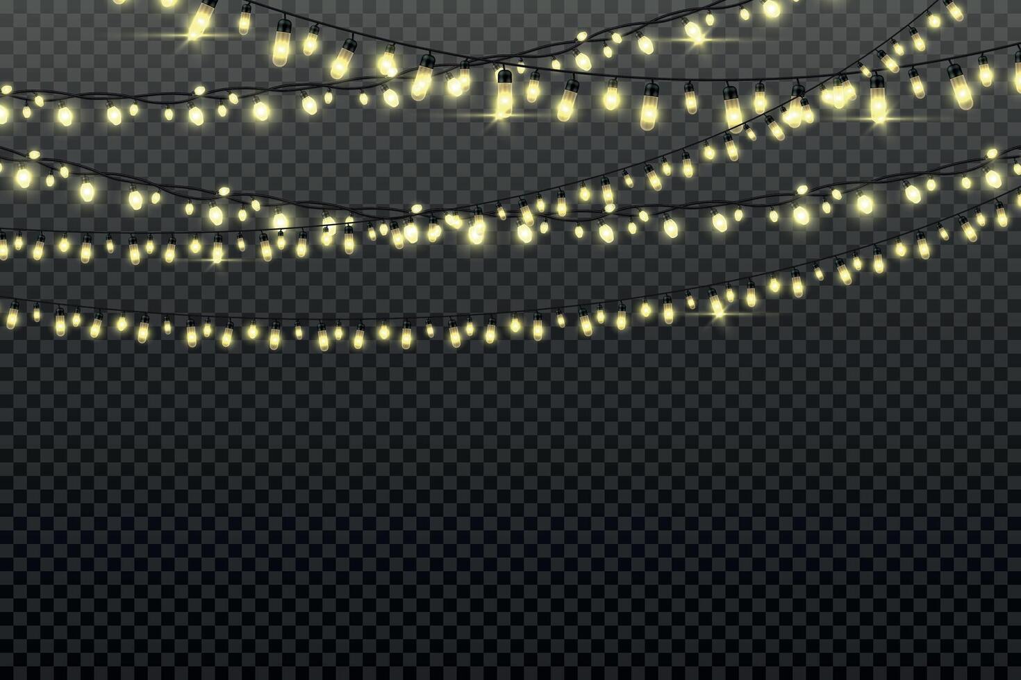 Weihnachten Licht Girlanden mit Glühbirnen auf Zeichenfolge zum Party Hintergrund. Weihnachten Urlaub Dekor, glühend glänzend Fee Beleuchtung. Vektor festlich Girlande