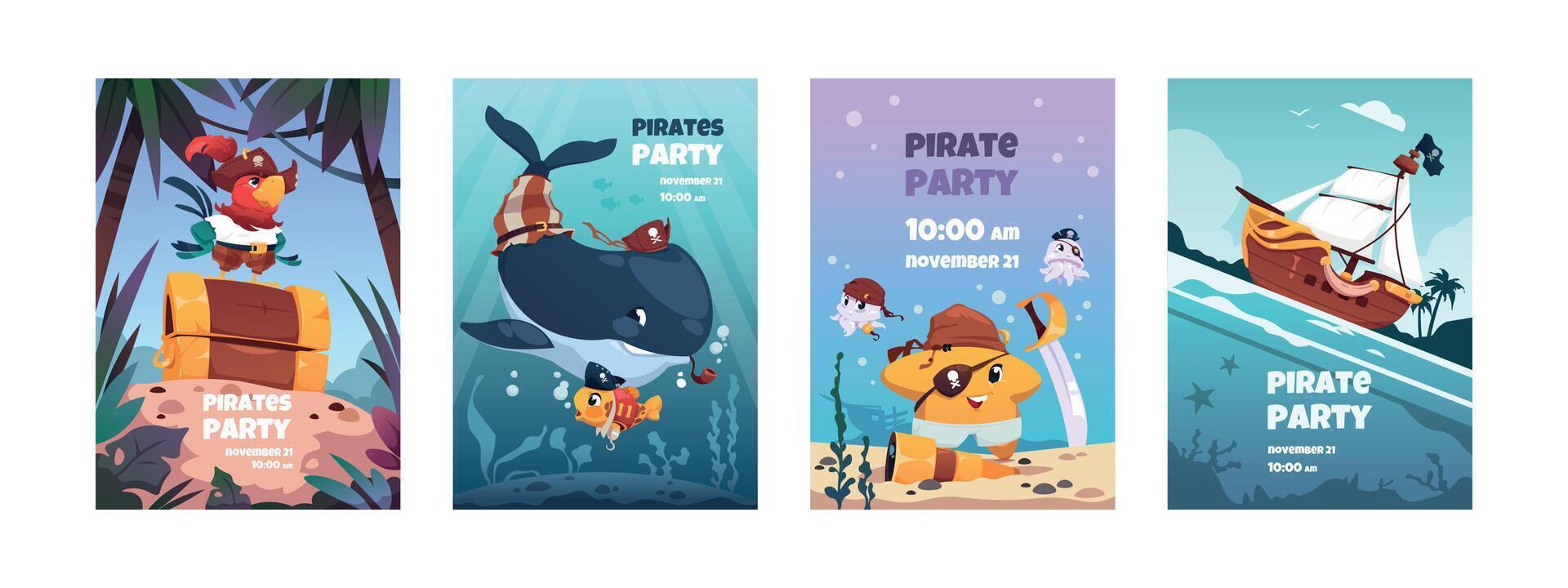 Pirat Tiere Plakate. Karikatur süß Marine Zeichen im Pirat Kostüme, Sommer- Party Banner und Einladungen. Vektor Flyer mit komisch Tiere Sammlung