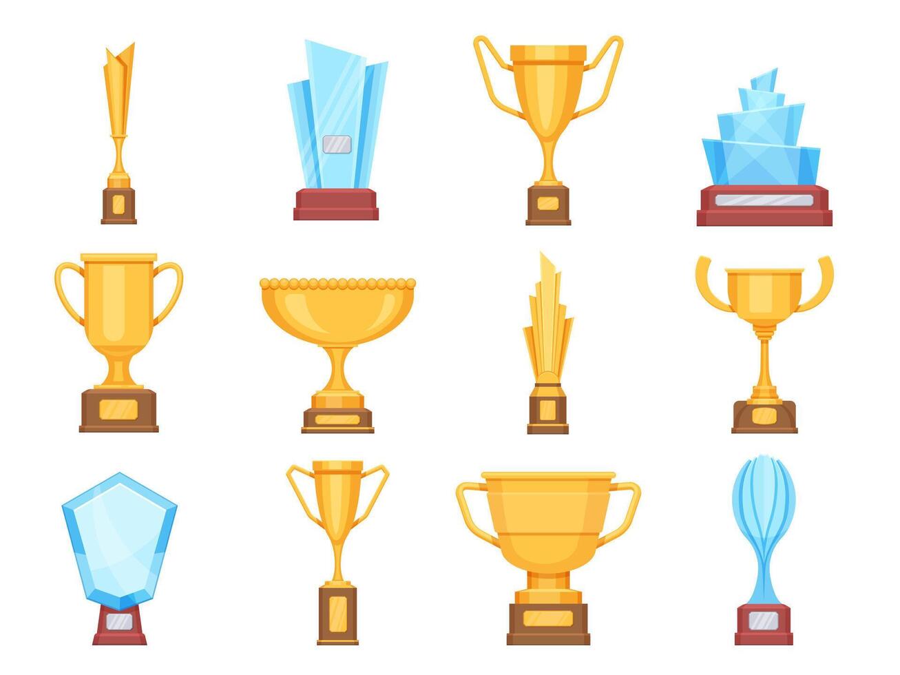gyllene trofén koppar. glas och guld tilldela troféer för sporter eller konkurrens. kristall mästerskap belöningar och vinnare priser platt vektor uppsättning