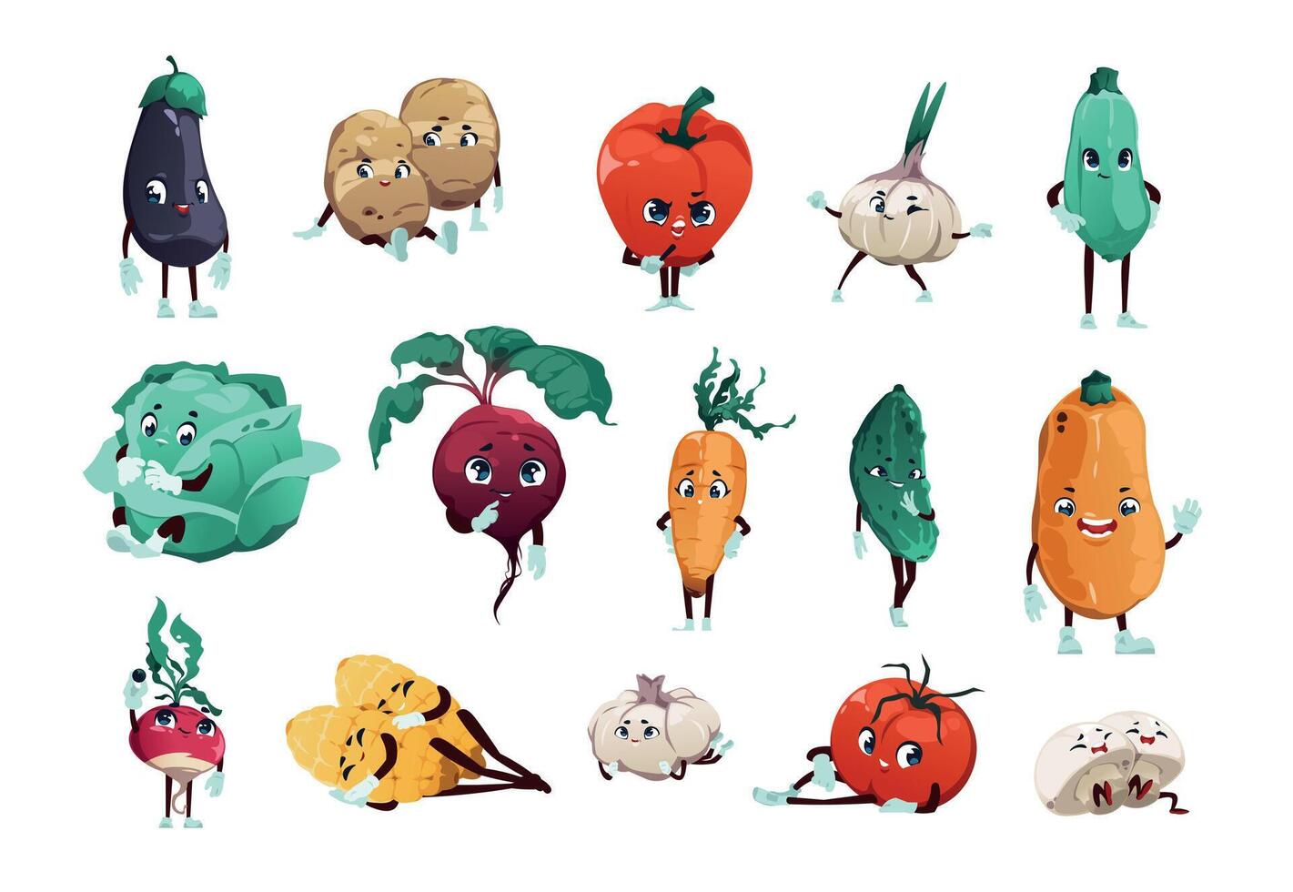 Gemüse Figuren. Karikatur süß frisch organisch Essen Maskottchen mit komisch Gesichter Hände und Beine, glücklich Garten Kinder Clip Art. Vektor Kartoffel Zwiebel Tomate Gurke Personen einstellen