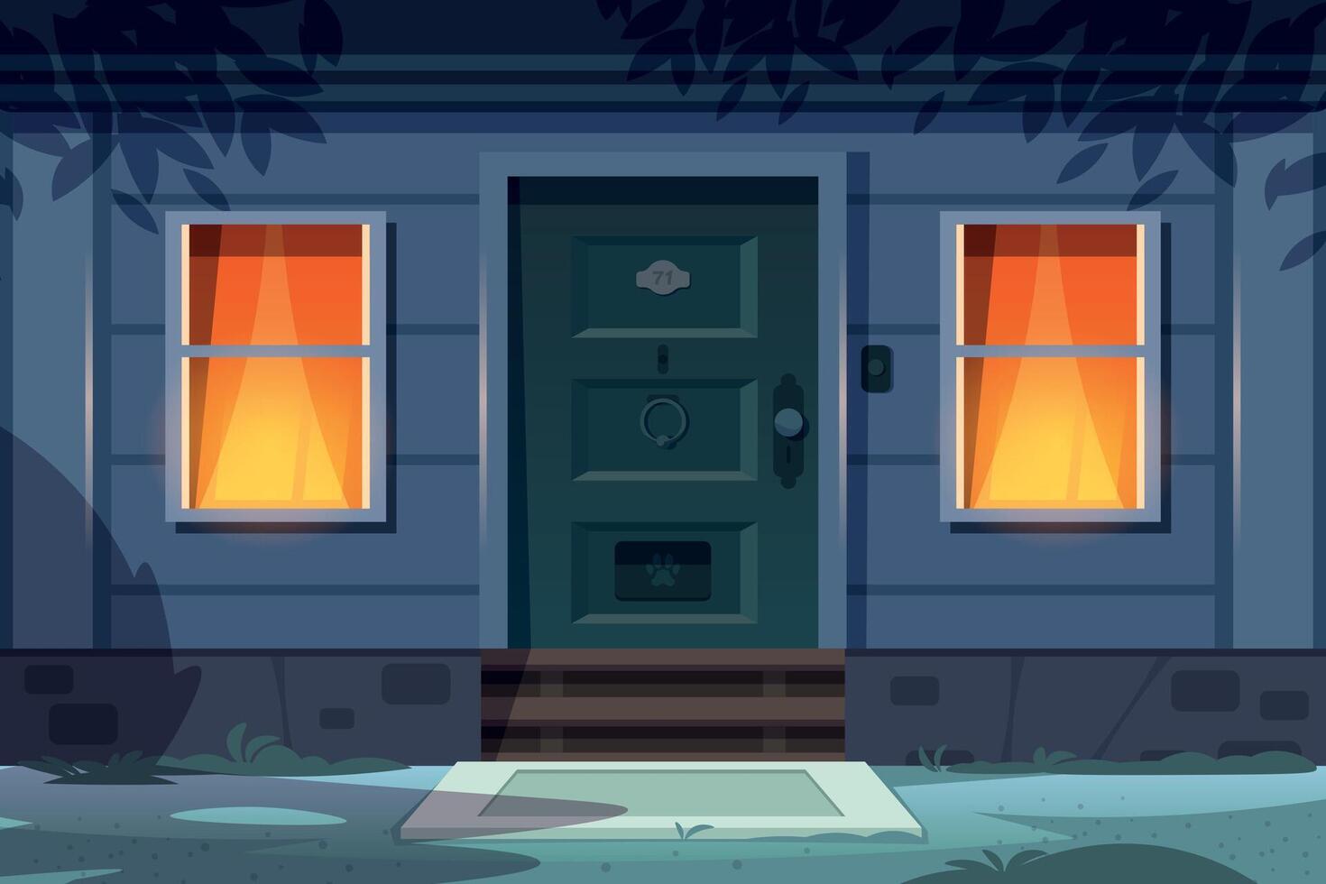natt hus främre. tecknad serie Land hus exteriör med dörr veranda fönster och natt lampor. vektor stad byggnad ingång scen
