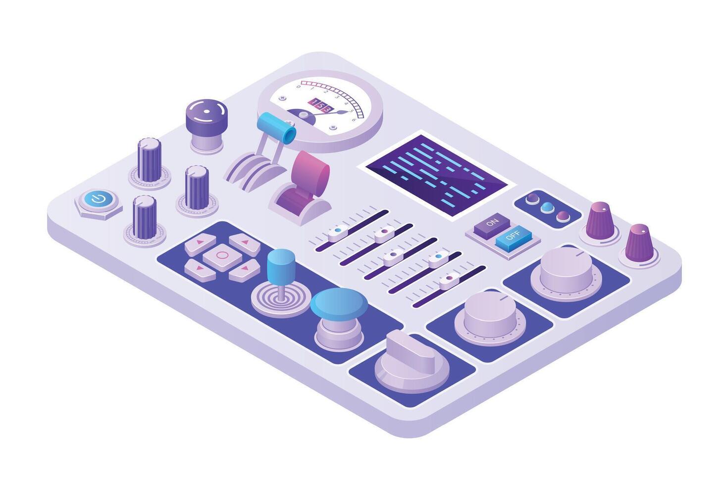 isometrisk kontrollera panel. 3d analog retro maskin för kraft tillförsel kontrollera eller radio utsända justeras med knoppar knappar och växlar. vektor elektrisk Utrustning illustration