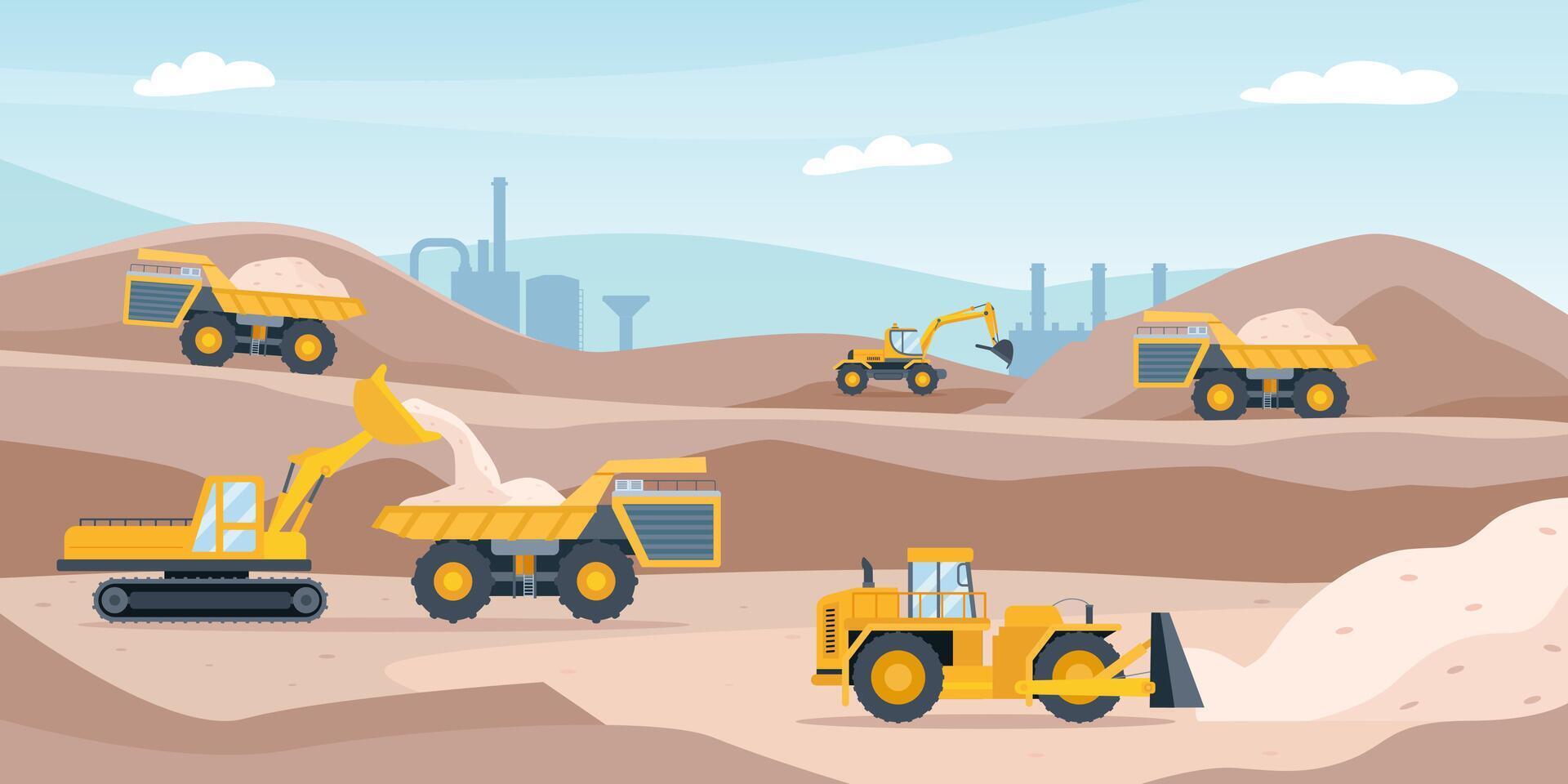 stenbrott landskap. sand grop med tung brytning Utrustning, bulldozer, grävare, lastbilar, grävmaskin och fabrik. öppen mina industri vektor begrepp