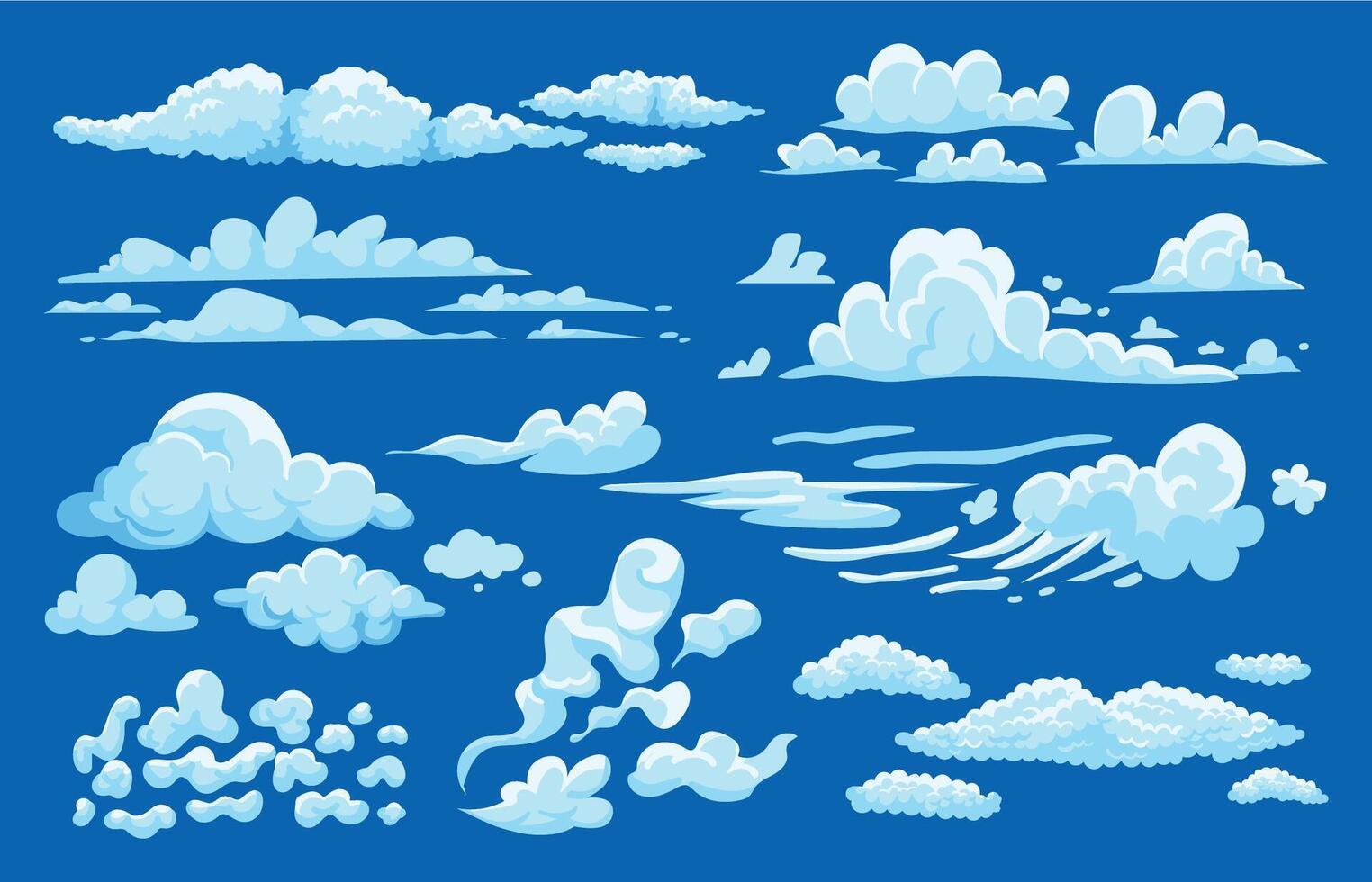 Kumulus Wolken. Karikatur Spiel ui 2d Anlage, Sommer- wolkig Himmel Hintergrund, Sprite einstellen von Dampf Nebel Nebel und Rauch. Vektor Cirrus und nachtleuchtend Wolken isoliert einstellen