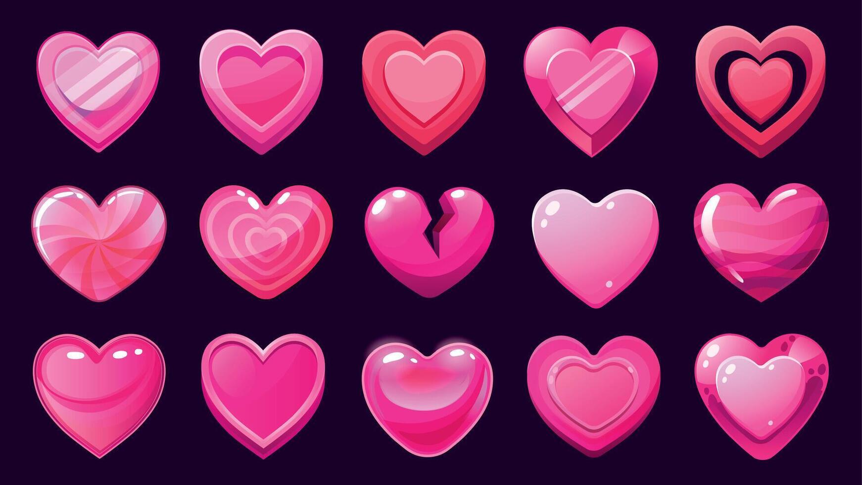 spel hjärtan. tecknad serie tillgång av godis ui hjärtan för mobil 2d spel, söt glansig hjärta gränssnitt ikoner, kärlek och hjälte liv nivå symbol. vektor isolerat uppsättning