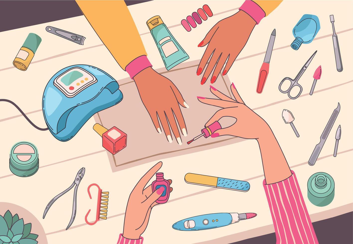 Maniküre Salon. Maniküre Gemälde Kunden Nägel auf Tabelle mit Nagel Werkzeuge und Kosmetika. weiblich Hände Pflege Schönheit Bedienung Vektor Konzept