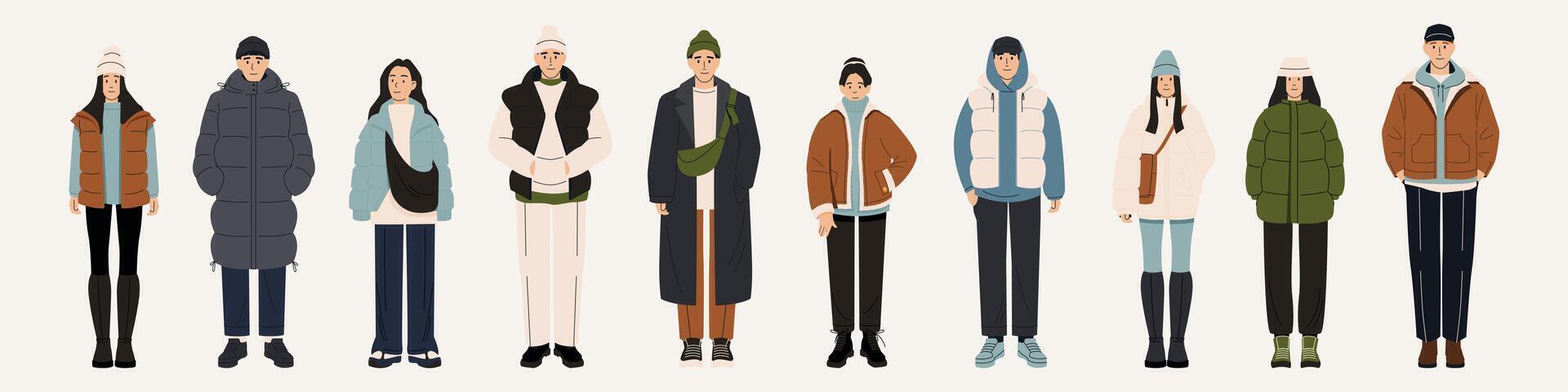 Menschen im Winter Kleidung. Karikatur Zeichen tragen Winter Mäntel und Hüte, modern männlich und weiblich Zeichen im modisch Winter Outfits. Vektor einstellen