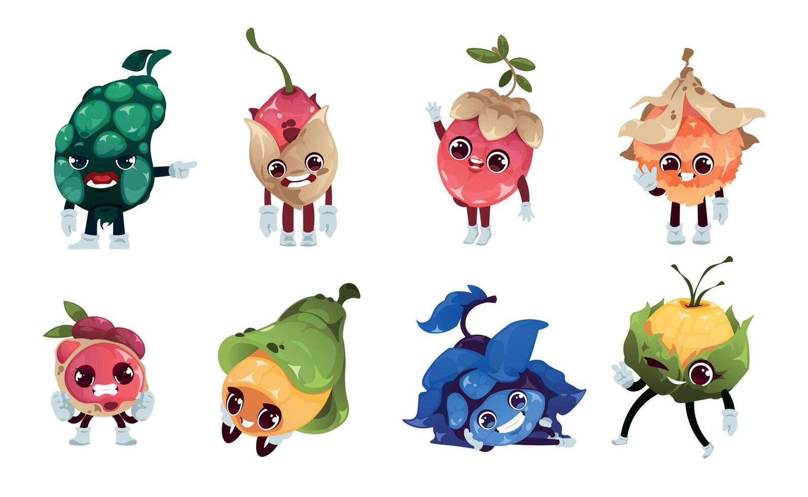 Fantasie Früchte Figuren. tropisch Essen mit verschiedene Gesichts- Ausdrücke, lächelnd und wütend Emotionen vektor