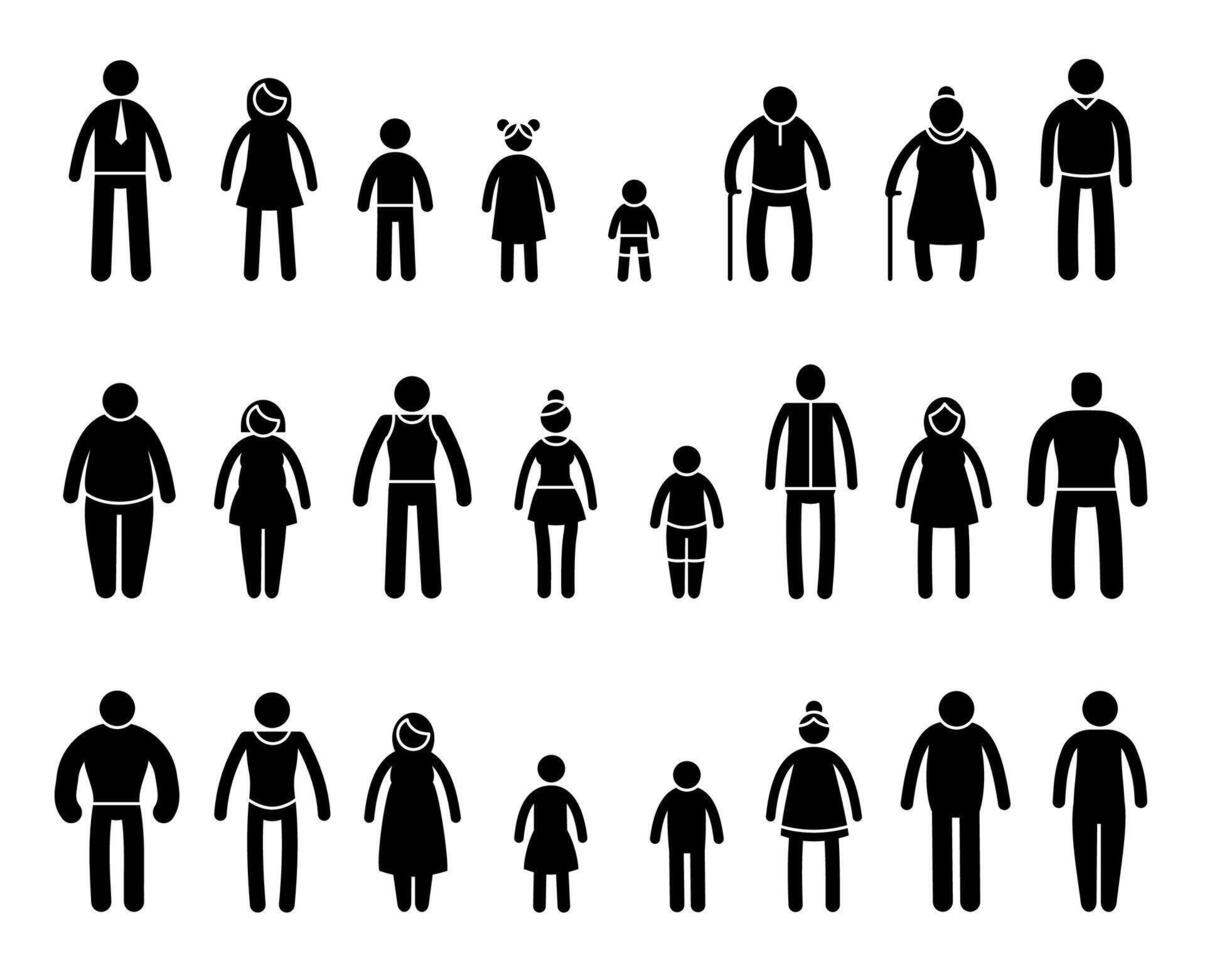 pinne familj människor. tecknad serie muskulös och mager manlig och kvinna tecken, pinne familj medlemmar med annorlunda kropp typer och åldrar. vektor isolerat uppsättning